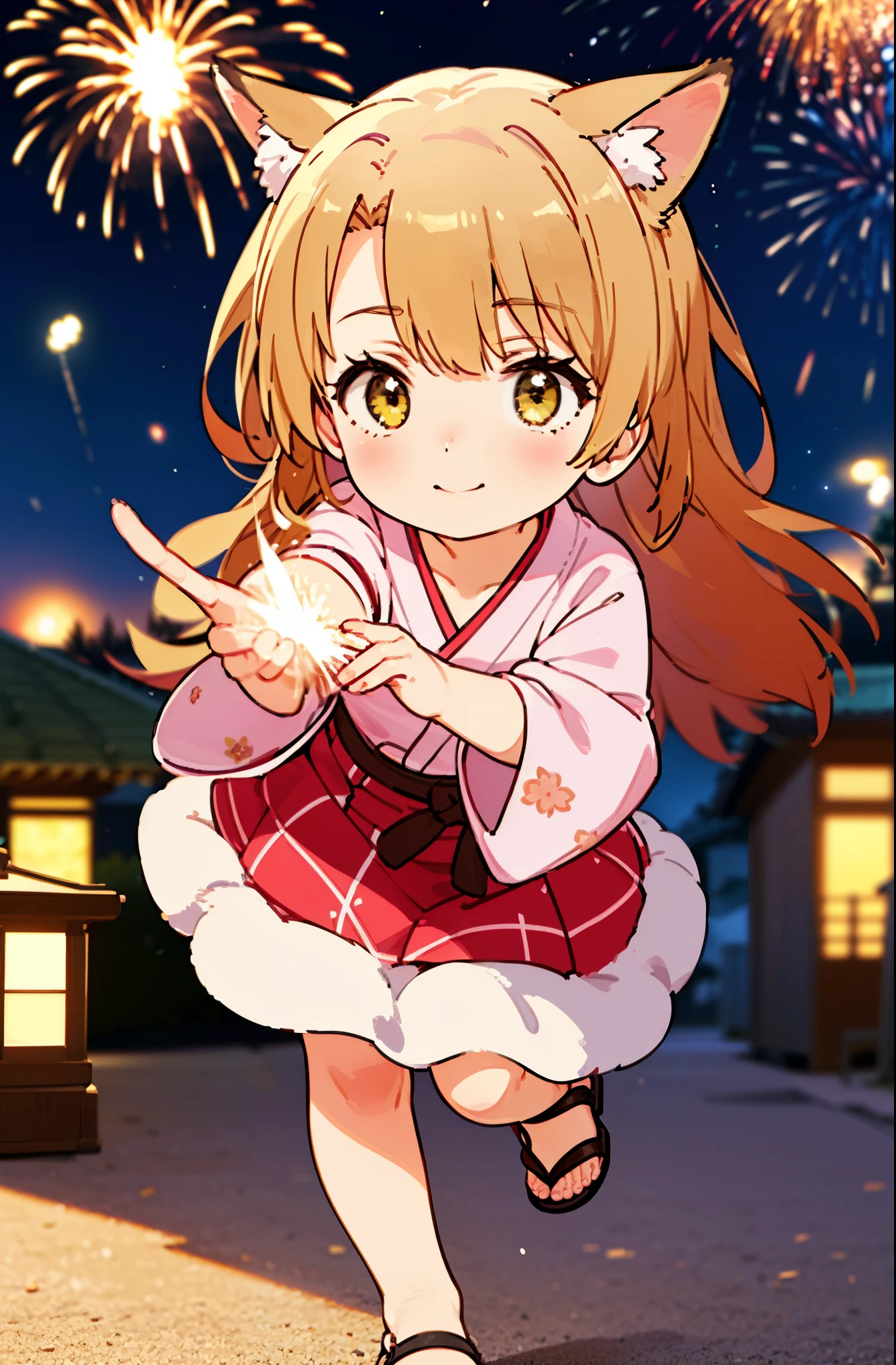 irohaisshiki, Isshiki Iroha, long hair, brown hair, (brown eyes:1.5), smile,animal ears,fox ears,fox tail,flower hair ornament,Yukata with yellow floral pattern,long skirt,Zori sandals,firework in the night sky,firework,The place is a firework display,Time is night,sunny day,So that the whole body is included in the illustration,
break outdoors, 神社
break looking at viewer,
break (masterpiece:1.2), highest quality, High resolution, unity 8k wallpaper, (shape:0.8), (beautiful and detailed eyes:1.6), highly detailed face, perfect lighting, Very detailed CG, (perfect hands, perfect anatomy),