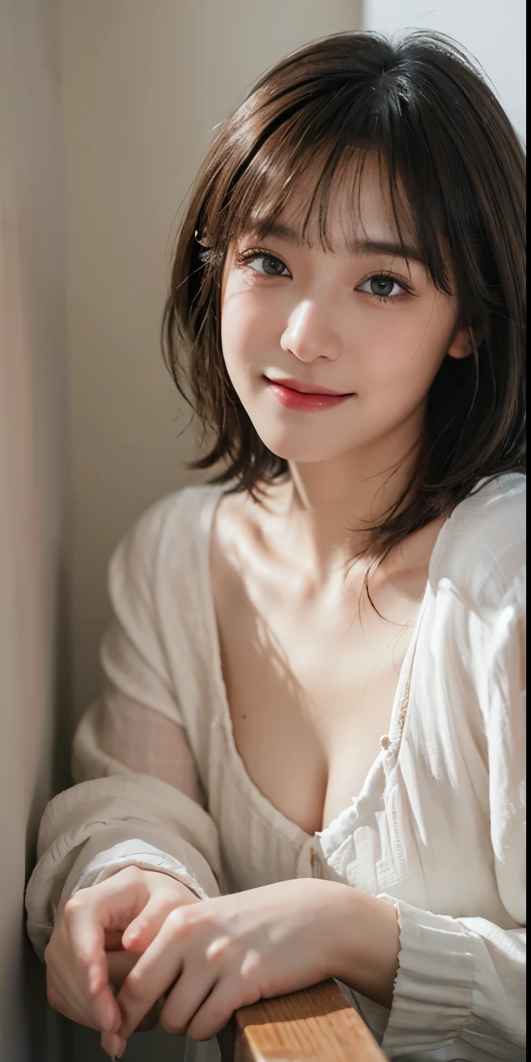 top quality, masterpiece, ultra high resolution, (actual, : 1.4), original photo, (Realistic skin texture: 1.3), (film grain: 1.3), panoramic, portrait, very wide lens, Willow Yao, denim lenses, (Bangs, Inconspicuous, cold light,) night, close up, tears, short hair, long neck, ears sticking out, Bangs, big eyes, bright eye color, in the house, dust, Tyndall effect, (expression), sitting, (hit the wall), cry, frown, (look down), nervous, tears, A girl smiles happily, Eyes and face have beautiful details, white jabot, Pink deep V, brown eyes,