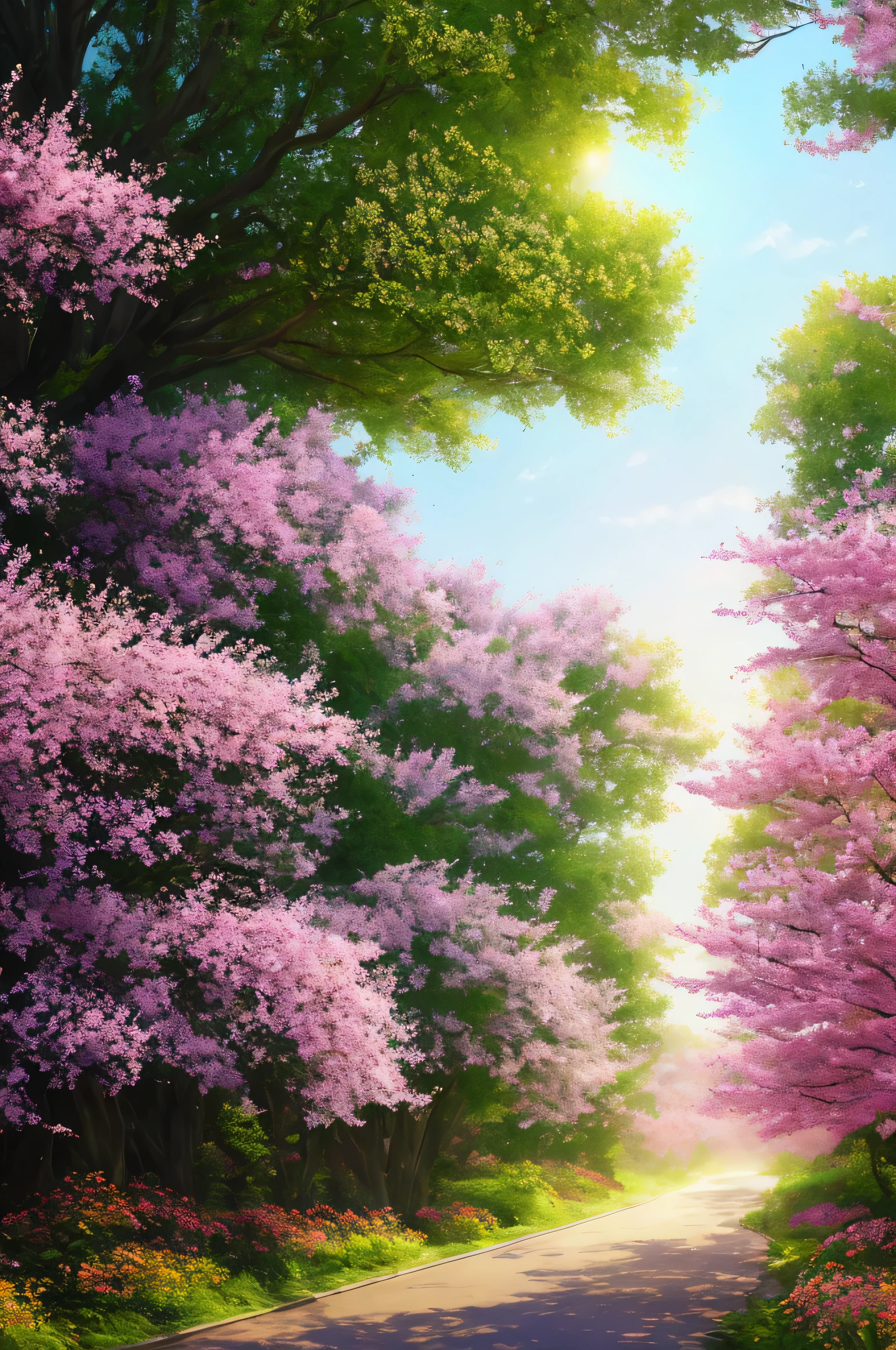 masterpiece, best quality, high quality, extremely detailed 8k wallpaper of CG unit, a charming and dreamy scene of a lush forest of sakuras, with tall trees, creating a sense of mystique and enchantment, artistic station, digital illustration, intricate, trend, pastel colors, oil painting, award-winning photography, Bokeh, depth of field, HDR, flower, chromatic aberration, photorealistic,  extremely detailed, trend in artstation, trend in CGsociety, intricate, high detail, dramatic, art in the middle of the journey, old tree, winding road, lakelet, small fog, cherry blossom tree,  small lake next to the forest, tree tunnel, forsythia flower, sunrise