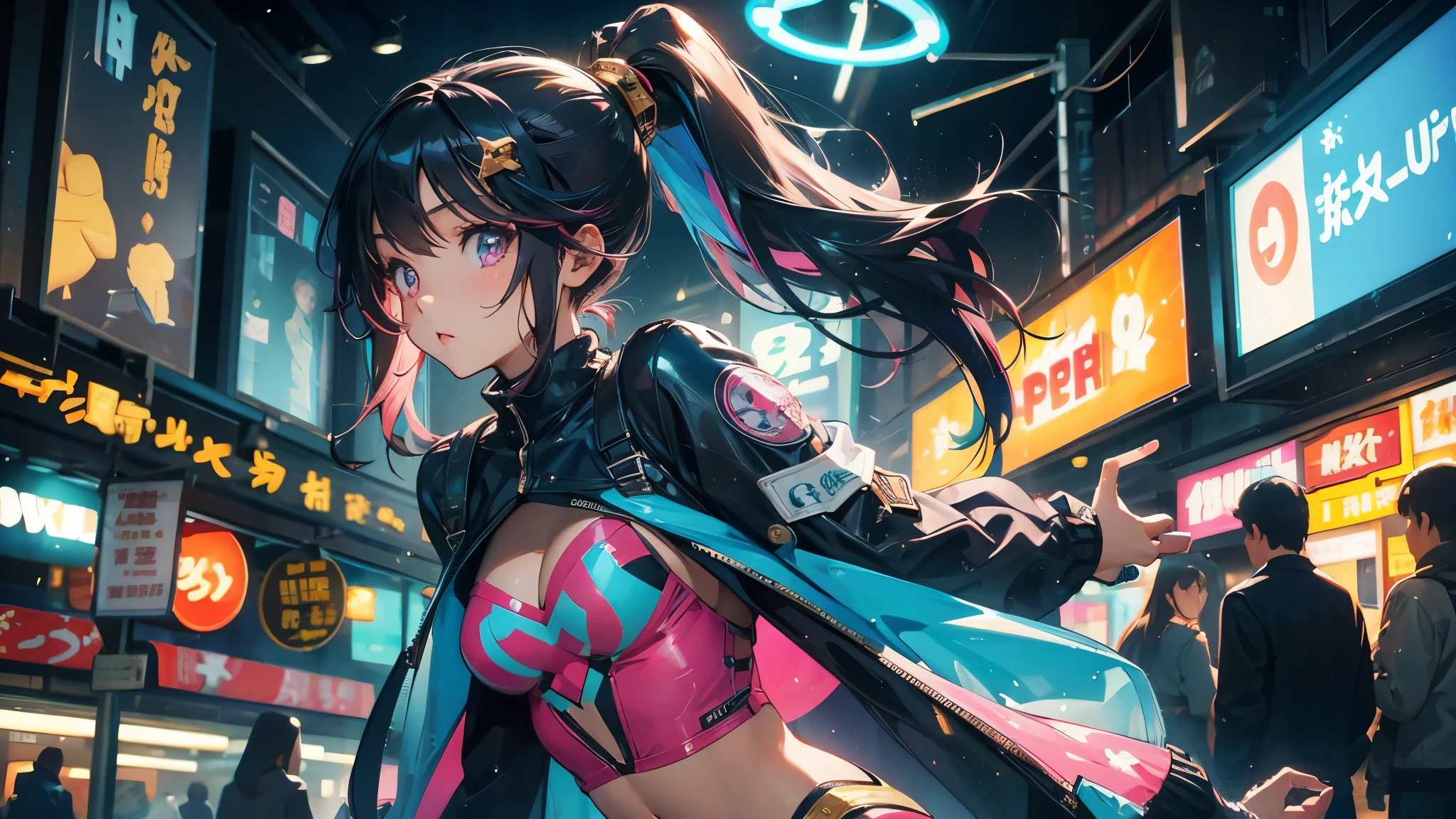 1 girl, solo, ((Masterpiece)), best quality, absurderes, ultra detailed, holographic, cowboy shot, golden ratio, super cute girl, mature girl, idol girl, super beautiful asian girl with very beautiful violet glowing eyes, beautiful glowing cyan multicolored hair, high ponytail, nice and sexy body, slim body, perfect body, wearing a super tight anime printed leotard, an anime printed super tight off shoulder long sleeve crop top, a super aesthetic transparent mini jacket, beautiful hair ornament, pink jordan tennis, playing with her handsome otaku skinny boyfriend, with black messy glowing hair, in the arcade games