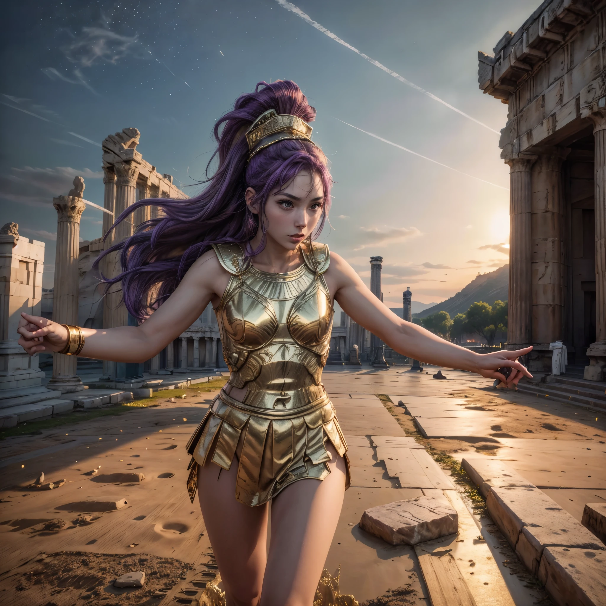 (best quality,4k,8k,highres,masterpiece:1.2),ultra-detailed, 1woman, 1woman, Greek goddess Athena, purple hair, wearing golden hoplite armor with helmet, attacking pose, wielding a sear, looking at the viewer, wise, impressive, seductive eyes, in front of the Parthenon, drawn in the style of Yoshitaka Amano, high res, ultrasharp, 8K, masterpiece, HDR, 8k, absurdres, cinestill 800, sharp focus, add_detail:2