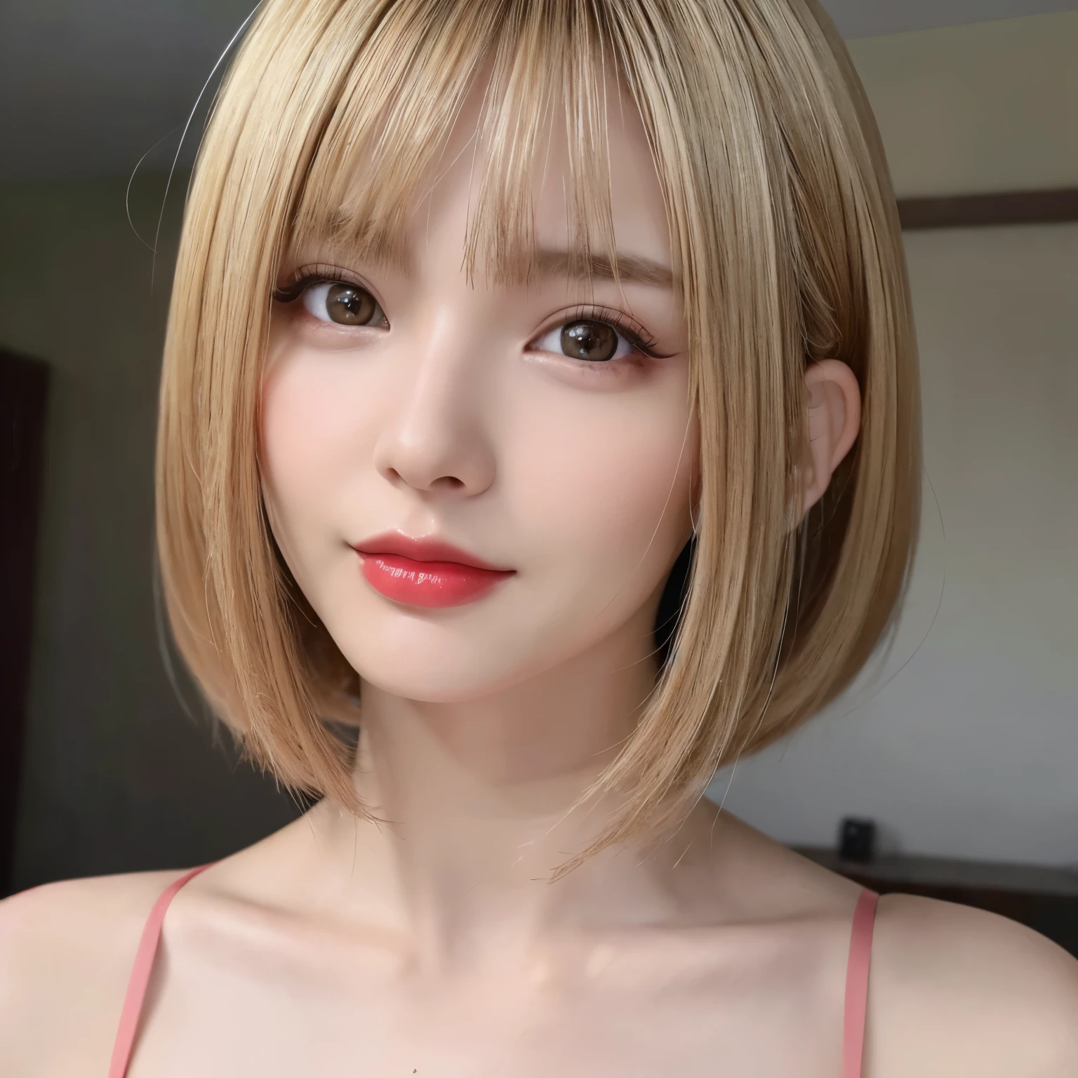 ((close-up photo of face:1.4))、(highest quality、table top、8k、best image quality、Award-winning work)、(one young girl, :1.3)、(Perfect naked beautiful girl:1.5)、(red eyeshadow:1.2)、perfect makeup、long eyelashes、Super high-definition sparkling eyes、ultra high definition hair、ultra high resolution glossy lips、Super high resolution perfect teeth、Super high resolution cute face、bright blonde hair:1.4、(very short straight hair:1.1)、look at me and smile、[clavicle]、accurate anatomy、(close up of face:1.5)、Luxury love hotel、(The most moody warm lighting:1.2)、blurred background、With bangs、Super high-resolution glossy and moisturized face、Super high-resolution glowing skin、most detailed face、Ultra high resolution detailed faces、ultra high resolution hair、Super high resolution sparkling eyes、Beautiful face drawn in every detail、Super high resolution glossy red lips