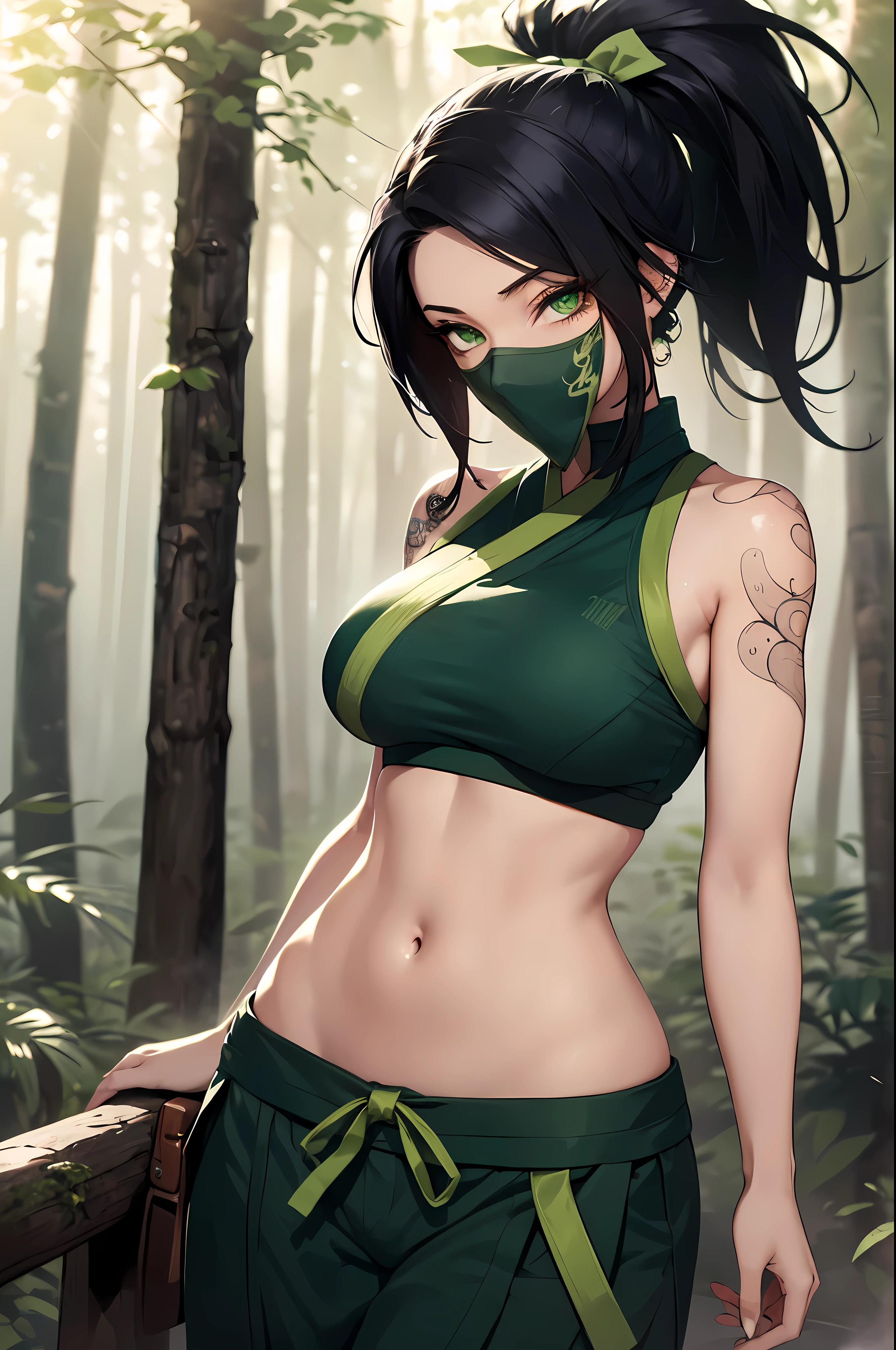 (masterpiece, best quality:1.2), intricate details, <lora:lol_akali-000012:0.8>, akali, 1girl, crop top, pants, hair ribbon, bare shoulders, ponytail, tattoo, black hair, <lora:GoodHands-beta2:1>