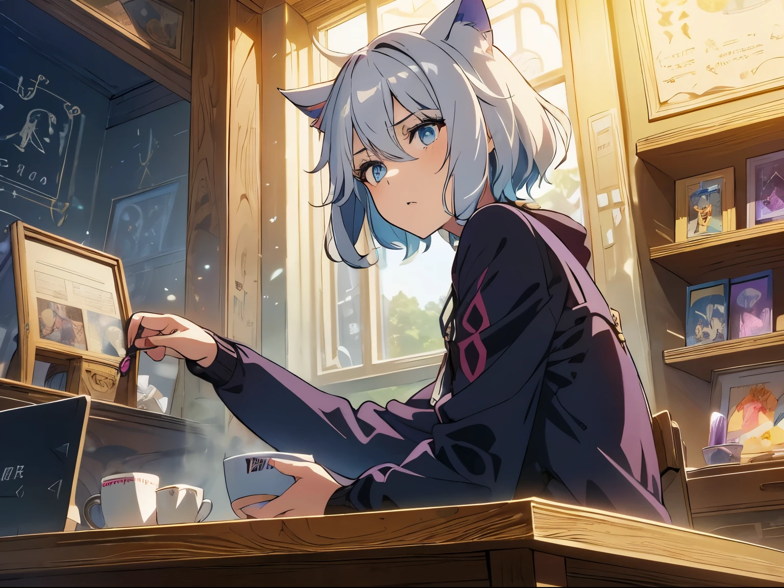 masterpiece, A world where magic and technology coexist, fantasy，wonderland，cat ears boy(gray hair, short hair) ，	1 personの男の子 ，solo，1 person，beautiful eyes、depicted in detail， Upper body illustration,work，computer，Cafe，Inside the store，sit on a chair，indoor，pants，tired，sleepy