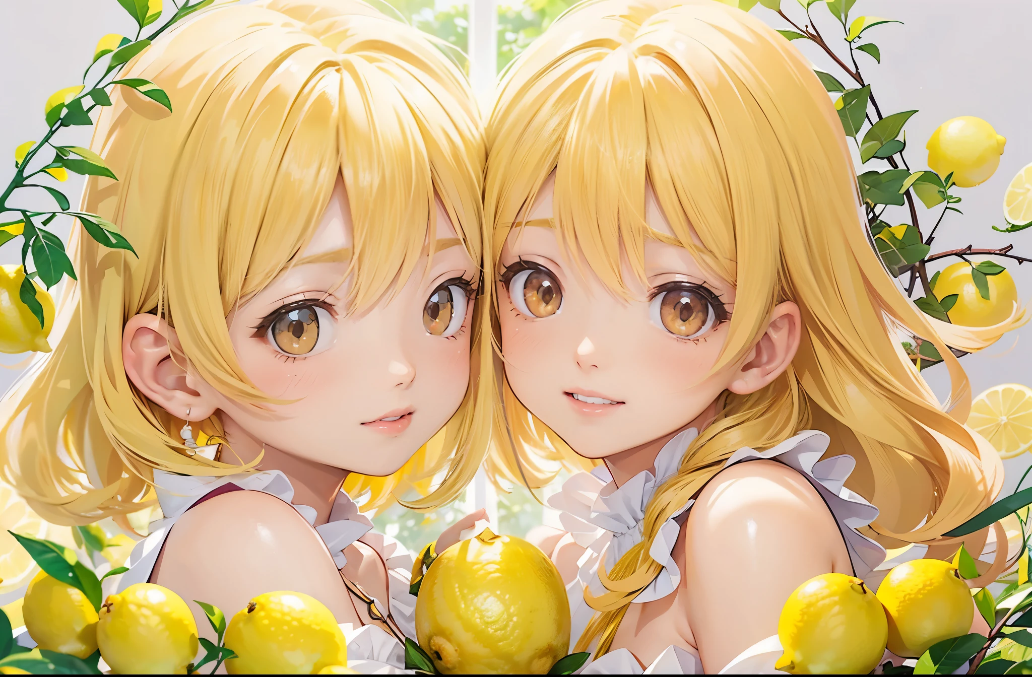 girl, Upper body，Flawless，beautiful，bright，very detailed，(Lemon yellow hair:1.3)，(brown eyes:1.3)，fantasy，Clione，Backlight，laughter，high quality，beautifulグラフィック，high detail