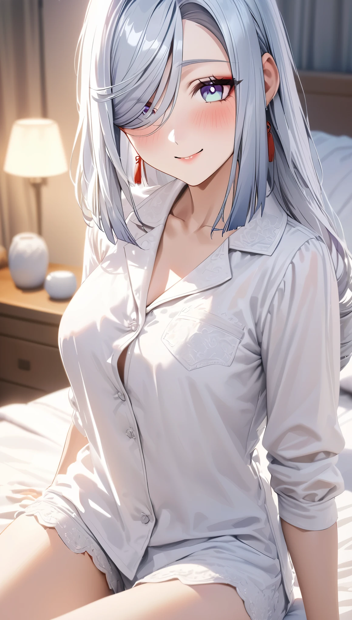 shenhe, long grey hair, beautiful face,smiling,close up to hips, moderate breast:1.1,sitting on a bed,wearing white pajamas, (open mouth:0.4),illustration,detailed textures,ultra-detailed(realistic),portrait style,vivid colors,soft lighting. blushing,