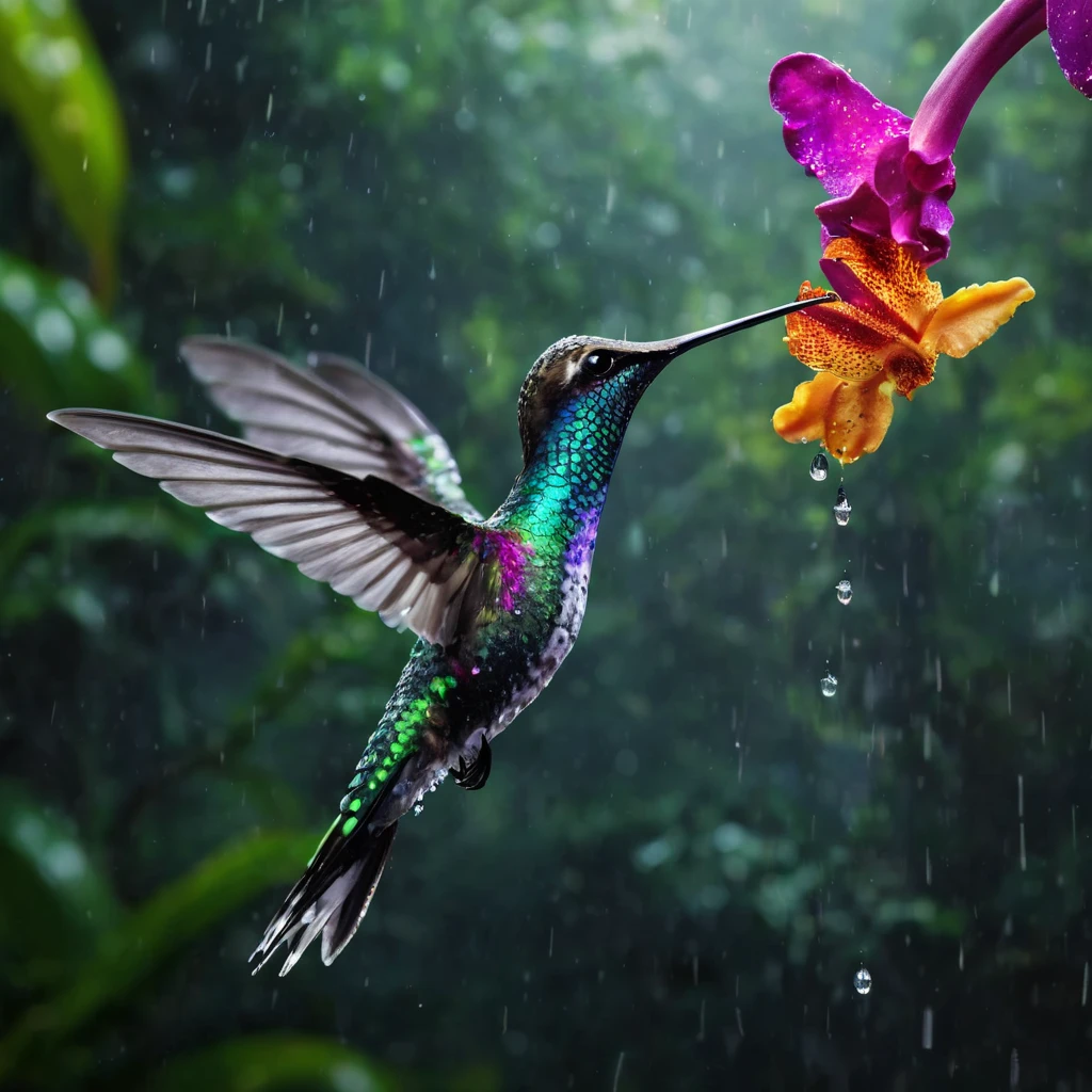 High Resolution, High Quality, Masterpiece . Wildlife Photographer of the Year. Macro photography digital painting of a sea hummingbird in flight, adorned with bright, unusual colors, mid-air near a splendid orchid, both competing in splendor, wings enveloped in reflective dew drops in the aftermath of rain, set against a tropical forest backdrop, infusing elements of outer space and a vanishing point superhighway narrative, captured as though for National Geographic's best photos, with a 32k resolution, trending on ArtStation, soft natural volumetric cinematic perfect light.