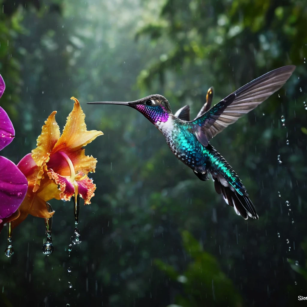High Resolution, High Quality, Masterpiece . Wildlife Photographer of the Year. Macro photography digital painting of a sea hummingbird in flight, adorned with bright, unusual colors, mid-air near a splendid orchid, both competing in splendor, wings enveloped in reflective dew drops in the aftermath of rain, set against a tropical forest backdrop, infusing elements of outer space and a vanishing point superhighway narrative, captured as though for National Geographic's best photos, with a 32k resolution, trending on ArtStation, soft natural volumetric cinematic perfect light.