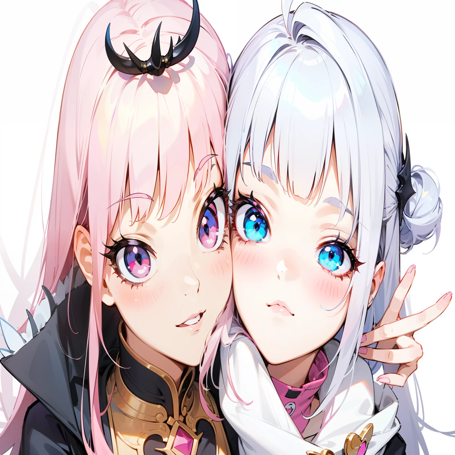 two girls with pink hair with pink eyes and white hair with blue eyes