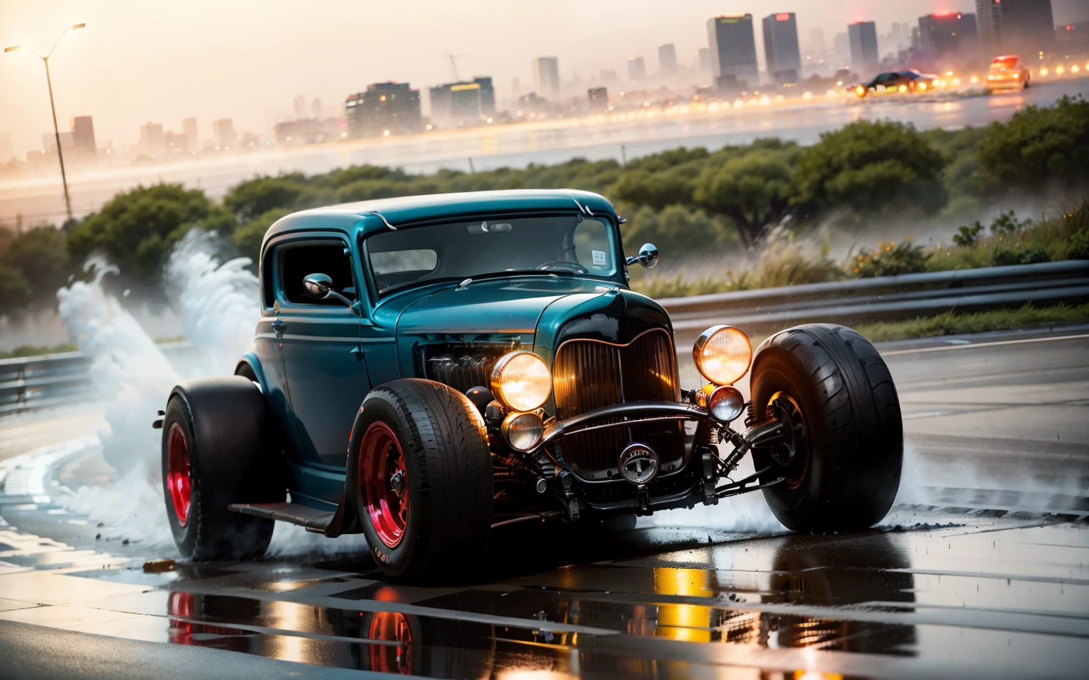 A 1932 Ford hot rod car races down a wet reflective track., Spreading water in all directions of the cyberpunk city. The city is full of neon lights, fog and height, angular building. the car is black and red、Has an aggressive and elegant look. The wheels are big and shiny、Tires are full of tread. The body of the car is designed with aerodynamics in mind.、has many straight and angular lines。. The car is going very fast、The wind is blowing strongly through the driver&#39;s hair.. the city lights are flashing、fog moving down the runway. Cars are in their own world of speed and power