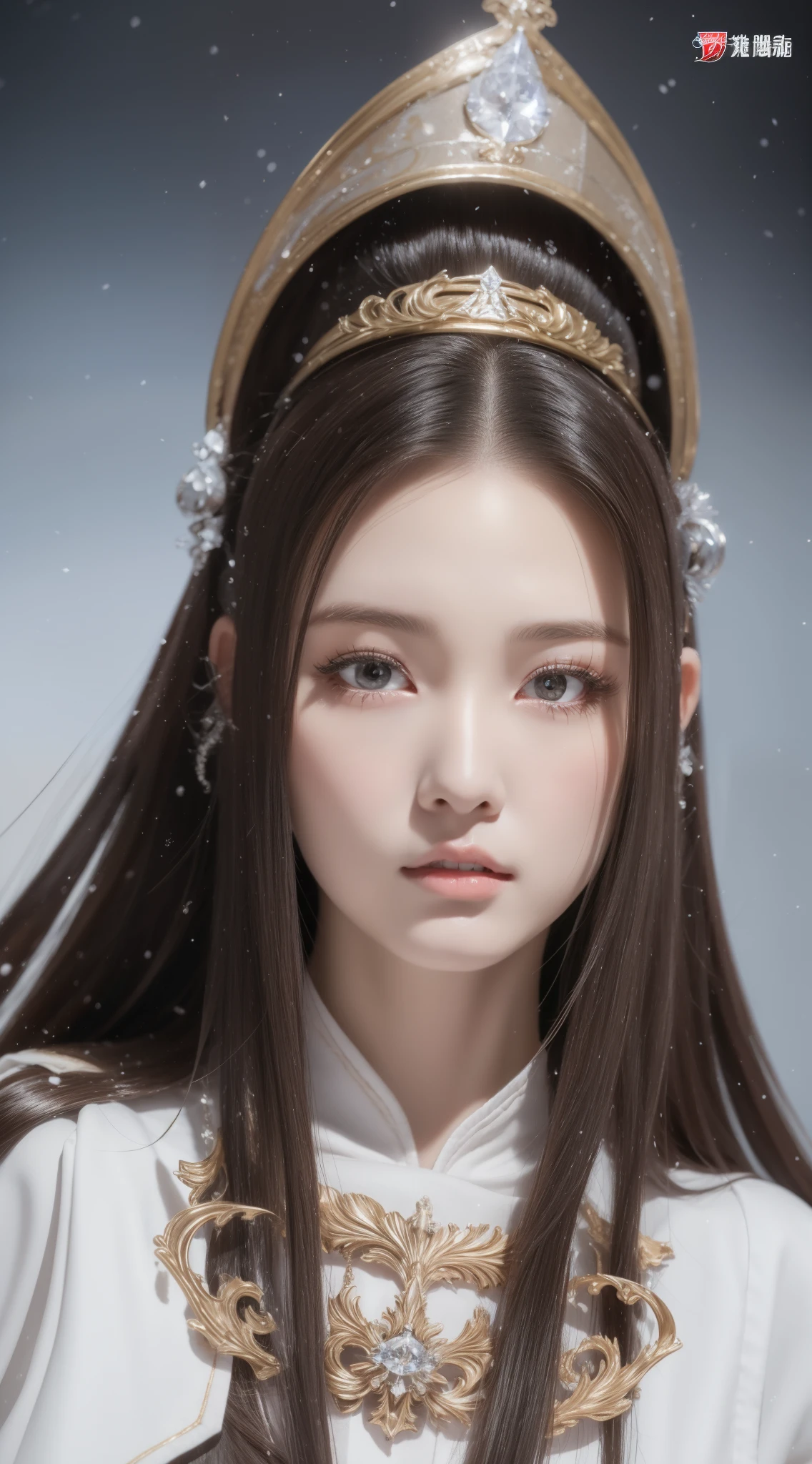 perfect figure beautiful girl:1.4, ars old, cleavage, huge breast Layered Hair Style, (Cleric:1.5), Jewelry Decoration, Highly Detailed Face and Skin Textur, double-edged eyelid, Whiten the skin, long hair,  (background snow plains), diamond dust,