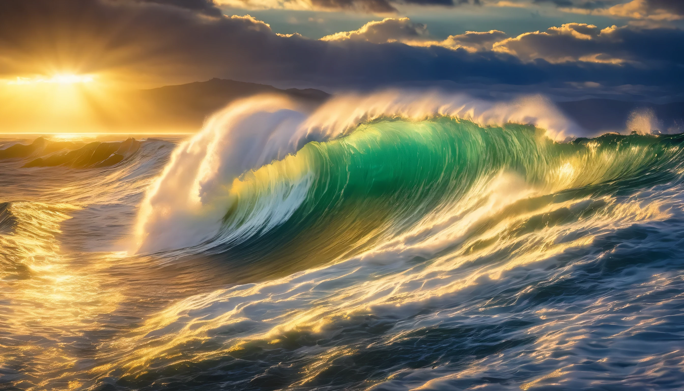 majestic ocean image with big waves crashing, golden sunlight shining on the sea, beautiful ocean, big waves, shimmering light