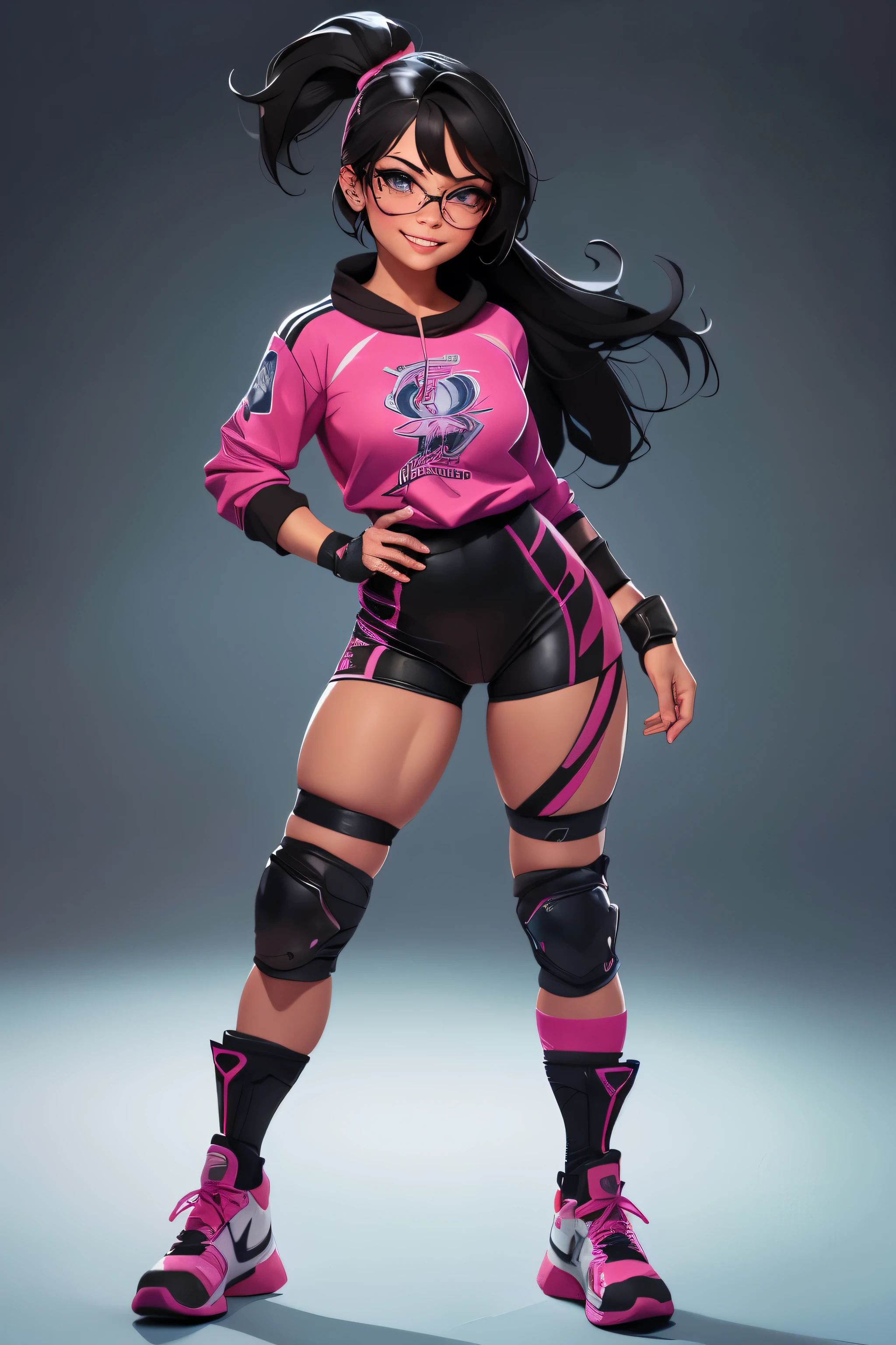 ((Take the whole body)), Beautiful female wrestler in women's wrestling competition, black hair in a ponytail, smooth, wearing large glasses, ((challenging smile))