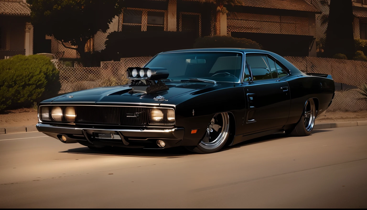 Striking black Dodge Charger show car, Near a beautiful mansion with palm trees and a balcony facing the sea、Parked ridiculously low、The sun is shining from the cloudy sky、Anywhere in sunny California、and reflected in the yacht in the background