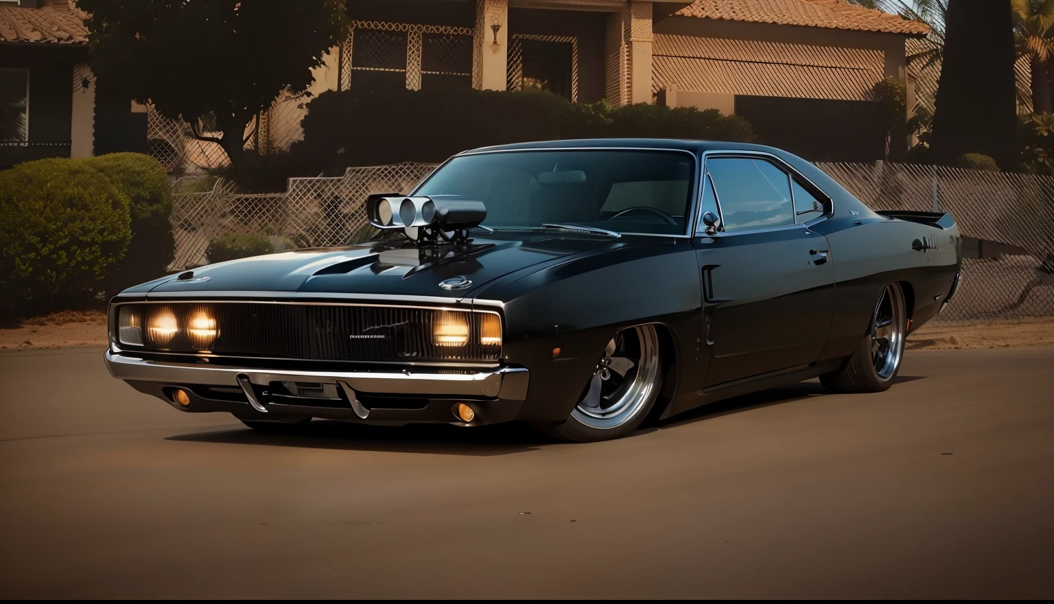 Striking black Dodge Charger show car, Near a beautiful mansion with palm trees and a balcony facing the sea、Parked ridiculously low、The sun is shining from the cloudy sky、Anywhere in sunny California、and reflected in the yacht in the background