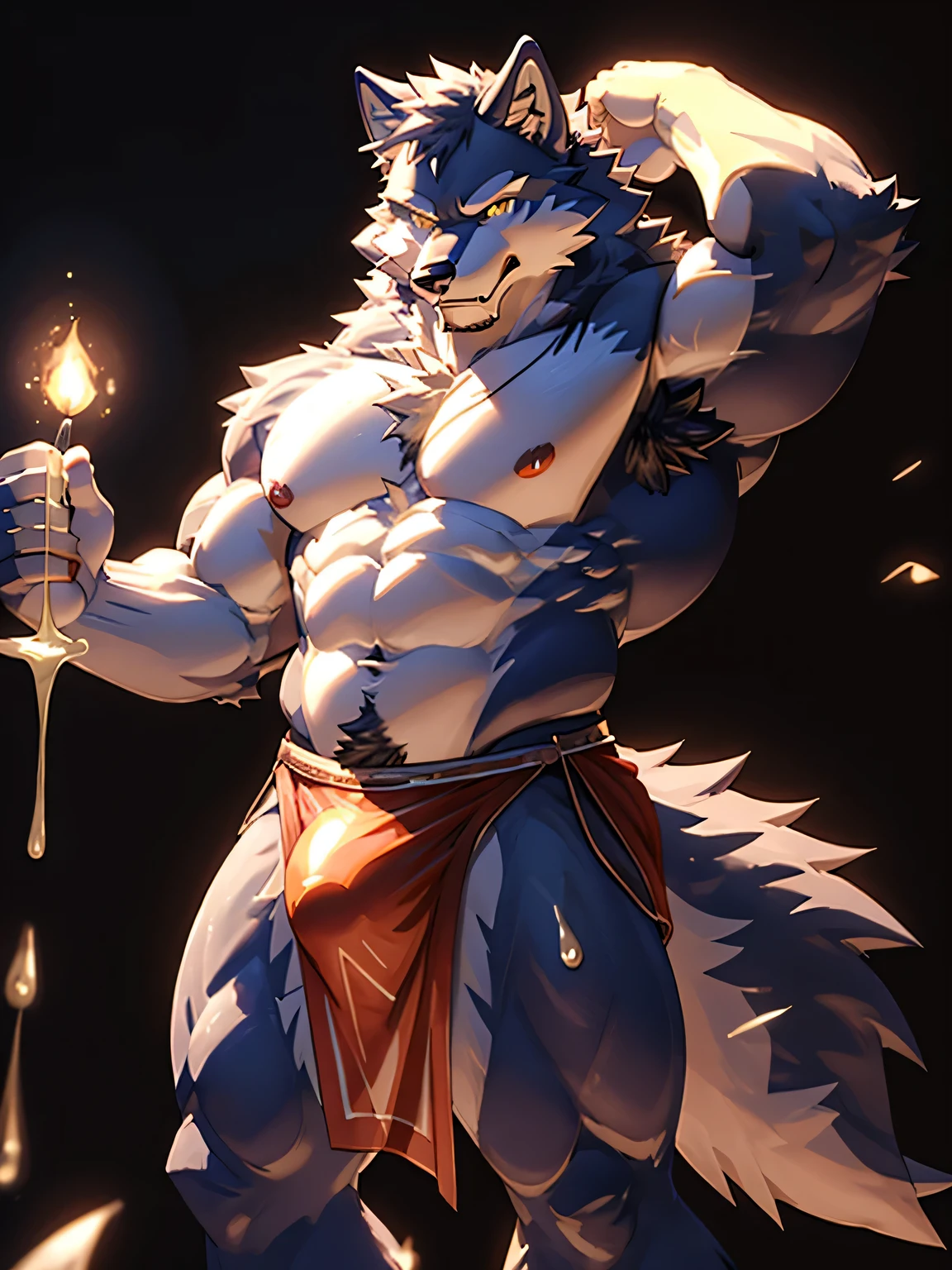 silver fur wolf、angry wolf、Shining silver fur、magician wolf、wolf face and body、hands holding abdomen、naked thighs、abnormally developed muscles、silver mane、Belly so hairy that you can't see the skin、large amount of pubic hair、Hair around the navel、Overflowing armpit hair、golden eyes、sharp fangs、huge bulge in the crotch、Crotch about to burst、Composition looking up from below、drenched whole body、a large amount of spilled milk、very large amount of white slime、Sorcerer's clothes、Outline of an abnormally large male genitalia、slime magic background、sparkling effect、sideways face、ethnic loincloth、Pose with one leg raised