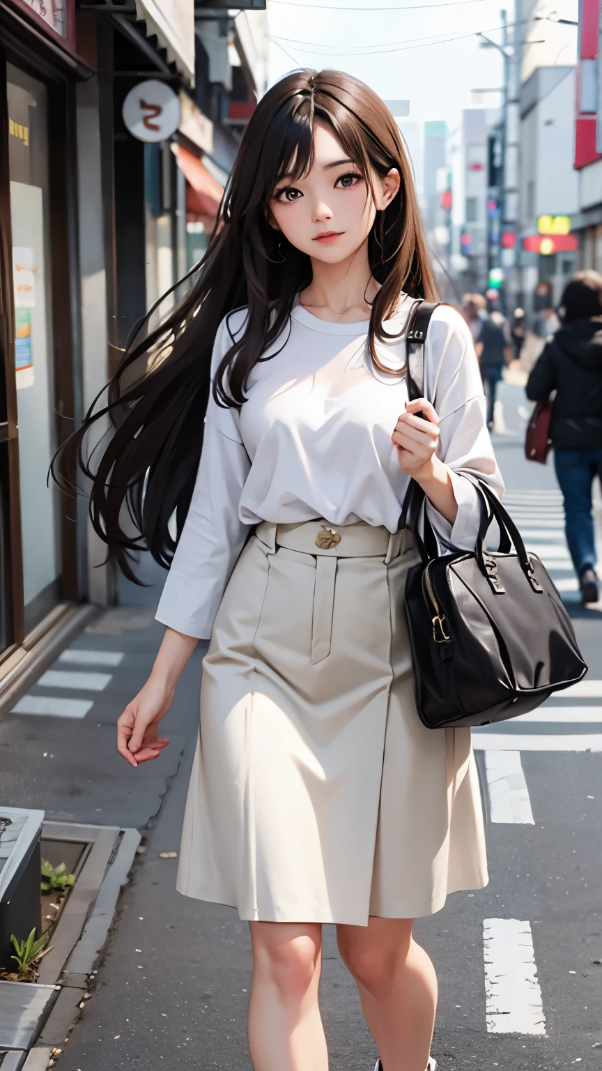 Beautiful girl with brown eyes and long hair walking through the streets of Tokyo