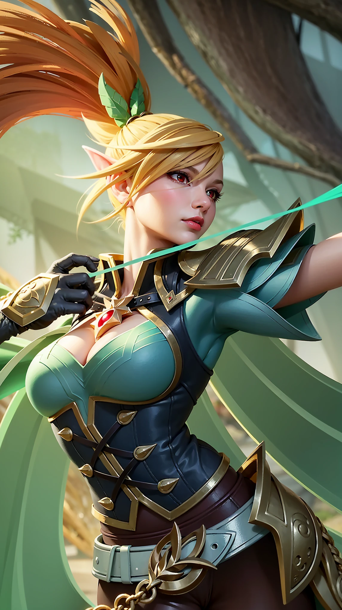 (female:1.2), 8k, ultra hd, ultra detailed texture, hyper realistic, masterpiece, detailed texture, detailed face, detailed skin, detailed lighting, (photorealistic:1.5), best quality, beautiful lighting, cinematic lighting, professional lighting, ultra highres, realistic, detailed hair, real hair, high quality, (realskin:1.5), extremely detailed, finely detail, ultra-detailed, 1girl, solo, elf, pointy ears, standing, demon horns, forehead protector, (red eyes:1.5), v-shapped eyebrow, lips, red lips, evil smile, nose, make up, pretty, beautiful, cute face, long hair, blue hair, high ponytail, large breasts, cleavage, armpit, navel, stomach, black armor, pauldrons, bare shoulders, shoulder armor, thigh high, sleevless, detached sleeves, breastplate, gauntlets, karina \(mobile legends\), depth of field, looking aways, white skin, skin tight, amazing pose, outdoors, glowing, dark view