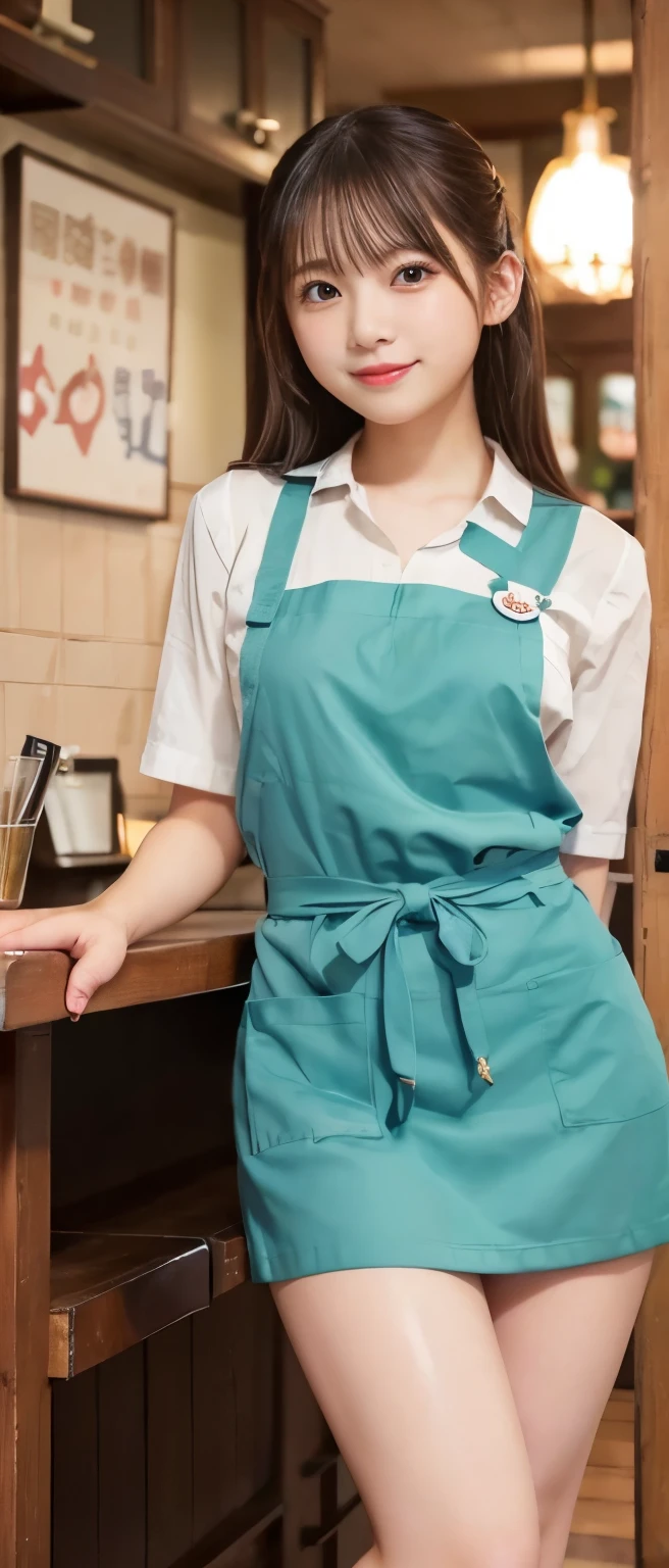 cute waitress idol、whole body、good style、、、apron shorts style、thick legs、、Inside the restaurant