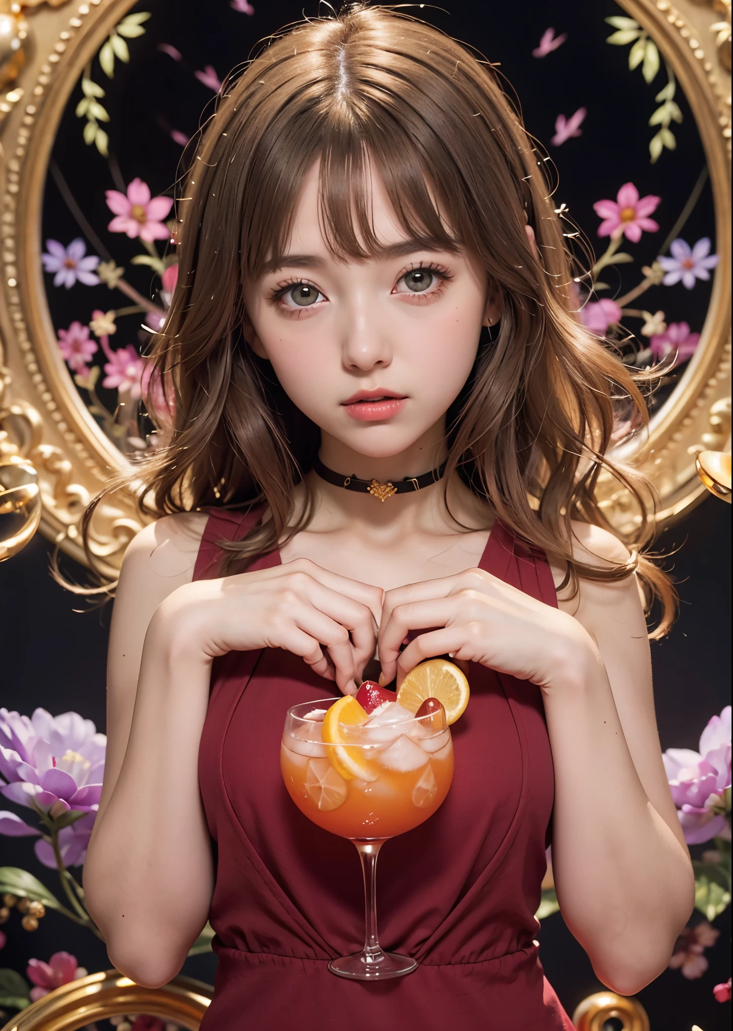 woman wearing a red cocktail dress、Cute 1 girl、18 year old girl、big eyes、Silver and golden hair、Framing with plenty of headroom、kaleidoscopic background、fractal background、perfect lighting、sharp focus、High definition、high resolution、High color rendering、High resolution、Super realistic、photo realistic 