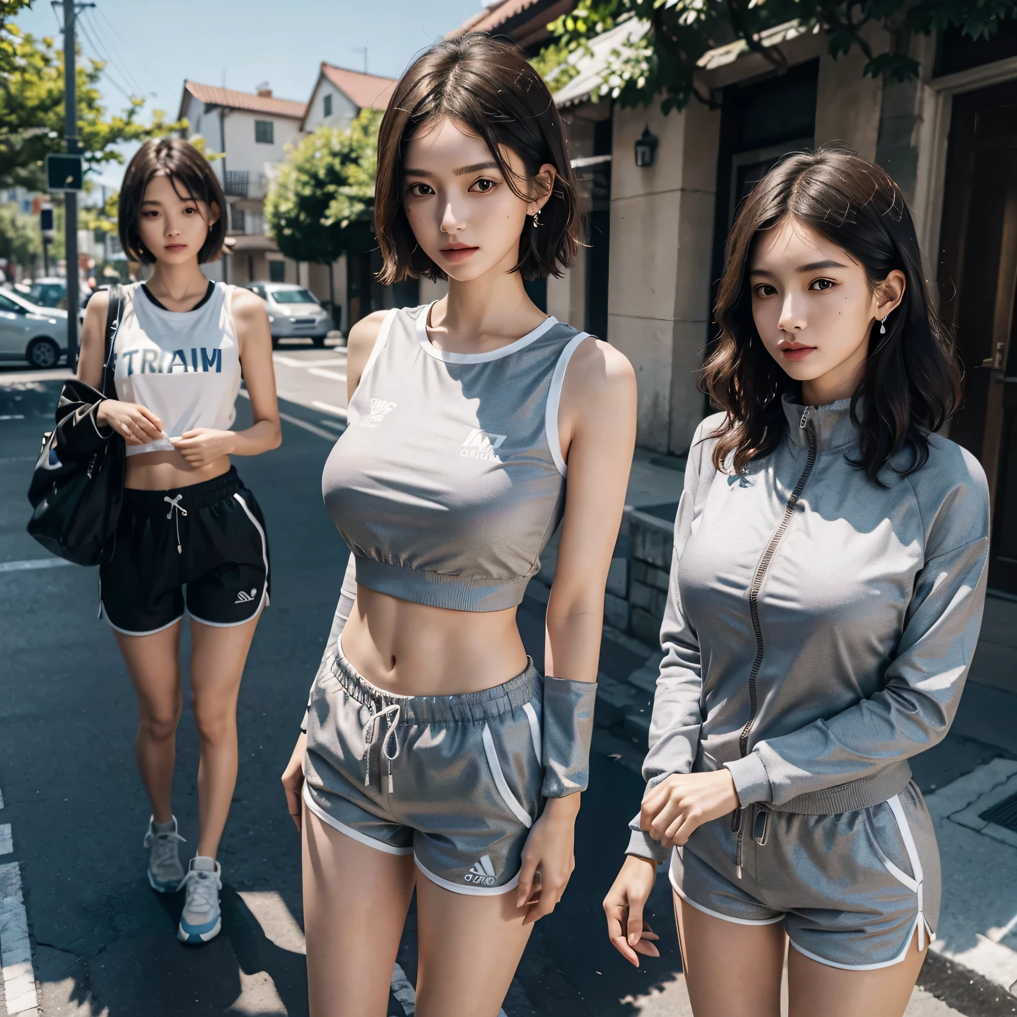 disorganized, RAW photo, very delicate and beautiful, masterpiece, highest quality, ultra high resolution, 32K, surreal, super detailed, perfect anatomy, perfect figure, super dense skin, Highly detailed CG 8k wallpaper, 20&#39;s, very slim body, tight waist, very small head, very small face, delicate facial features, tearful mole, earrings, thin legs, (very huge round breasts:1.2), full body shot, (3 girls:1.3), short hair, wavy hair, (tracksuit:1.3), (shorts:1.2), No sleeve,