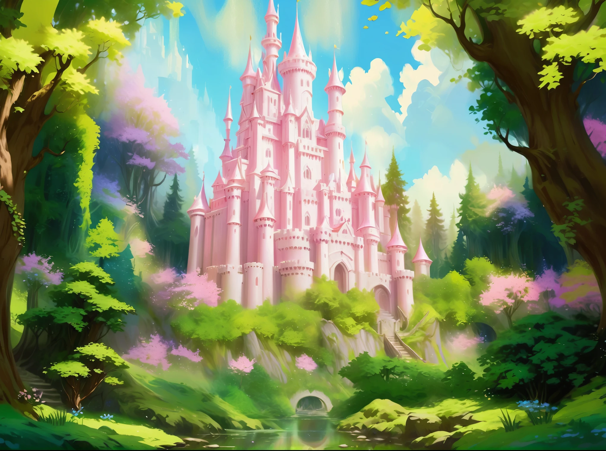 There is a painting of a castle in the middle of a forest, Fairy tale style background, Immortal Palace, magic castle, castle background, Fantasy castle, fantasy fairy tale, fairy tale kingdom forest, background artwork, Magical fantasy forest, Magical fairy tale background, fairytale place, background art, beautiful castle, Beautiful fairy tale rendering, fairy tale artwork, Immortal Palace