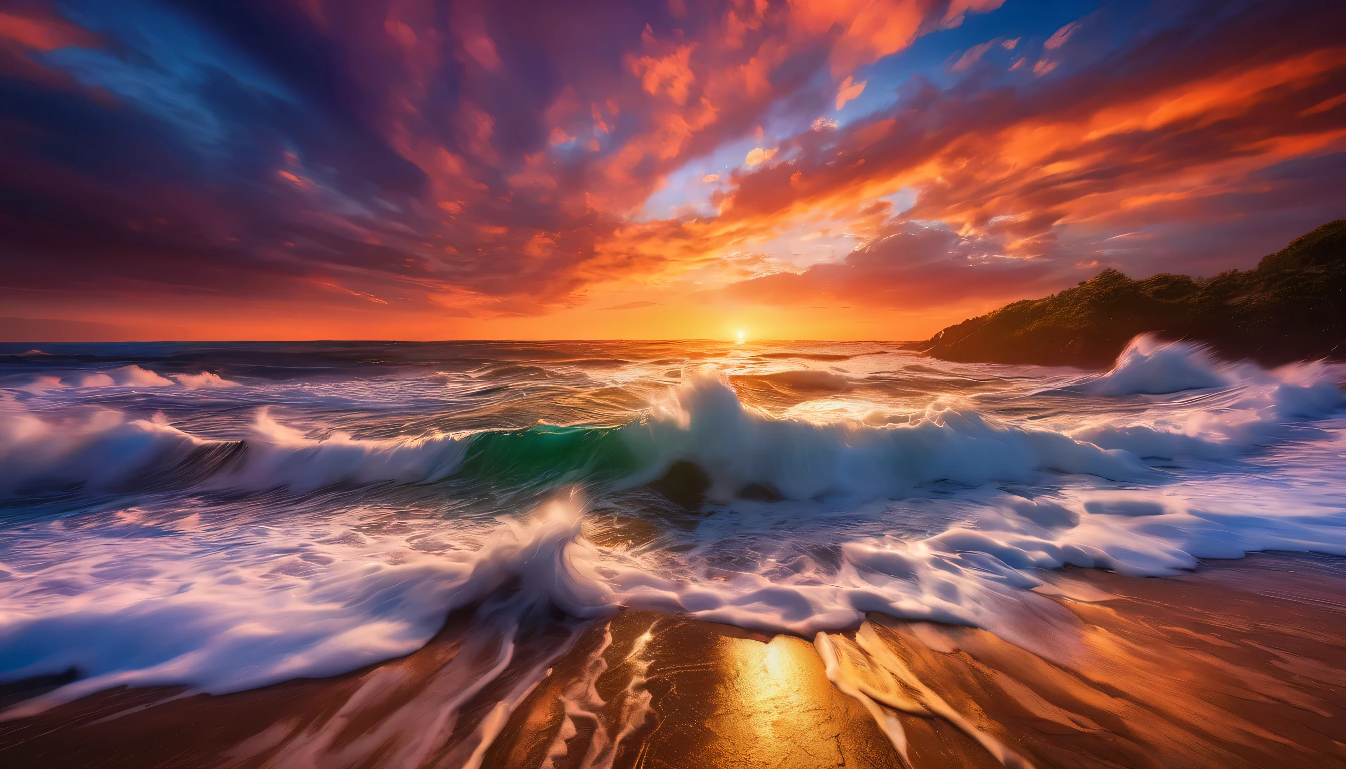arafed view of a sunset over the ocean with waves crashing, chaotic sea setting, vibrant sunrise, breathtaking colors, breathtaking look, vibrant sunset, breathtaking composition, beautiful sea landscapes, stunning sunset, magnificent background, sunset glow, beautiful background, beautiful dreamy breathtaking, marc adamus, warm beautiful scene, epic sunset, beautiful sunset, beautiful sunset glow, beautiful ocean