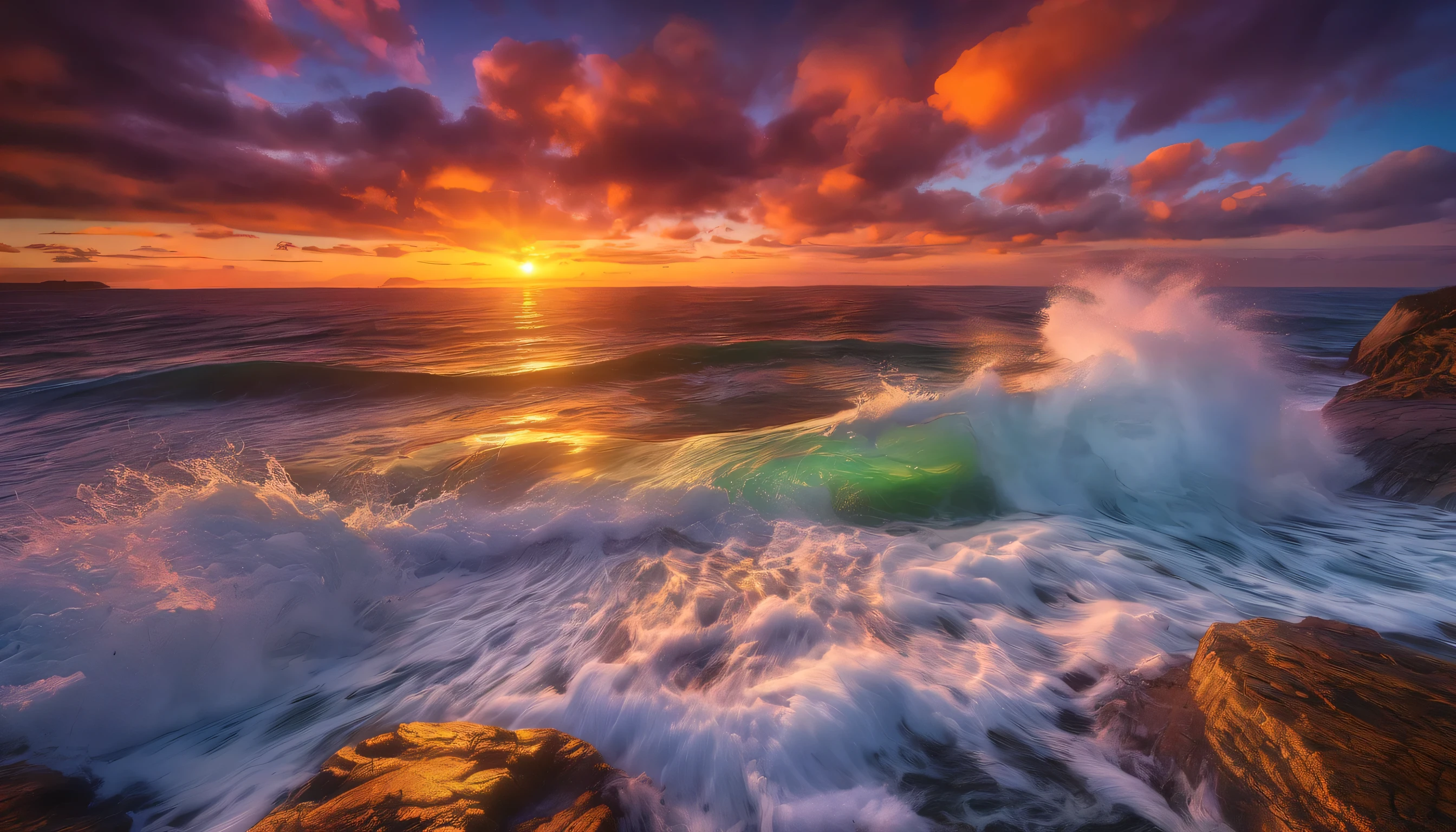 arafed view of a sunset over the ocean with waves crashing, chaotic sea setting, vibrant sunrise, breathtaking colors, breathtaking look, vibrant sunset, breathtaking composition, beautiful sea landscapes, stunning sunset, magnificent background, sunset glow, beautiful background, beautiful dreamy breathtaking, marc adamus, warm beautiful scene, epic sunset, beautiful sunset, beautiful sunset glow, beautiful ocean