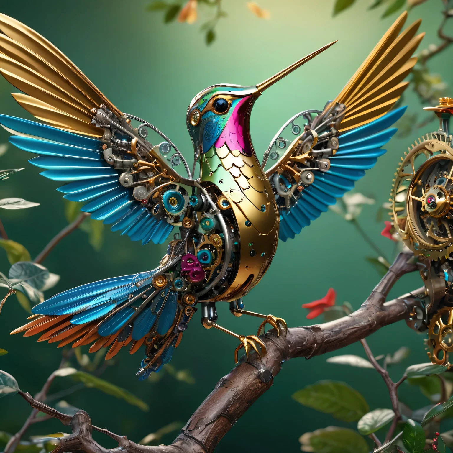 (best quality,4k,high resolution,masterpiece:1.2),(actual:1.37),Super detailed,(Beautifully detailed metal mechanical hummingbird),on the branches,shiny metallic feathers, Complex gears, Exquisite mechanical wings, complex clockwork mechanism, bright colors, actual lighting