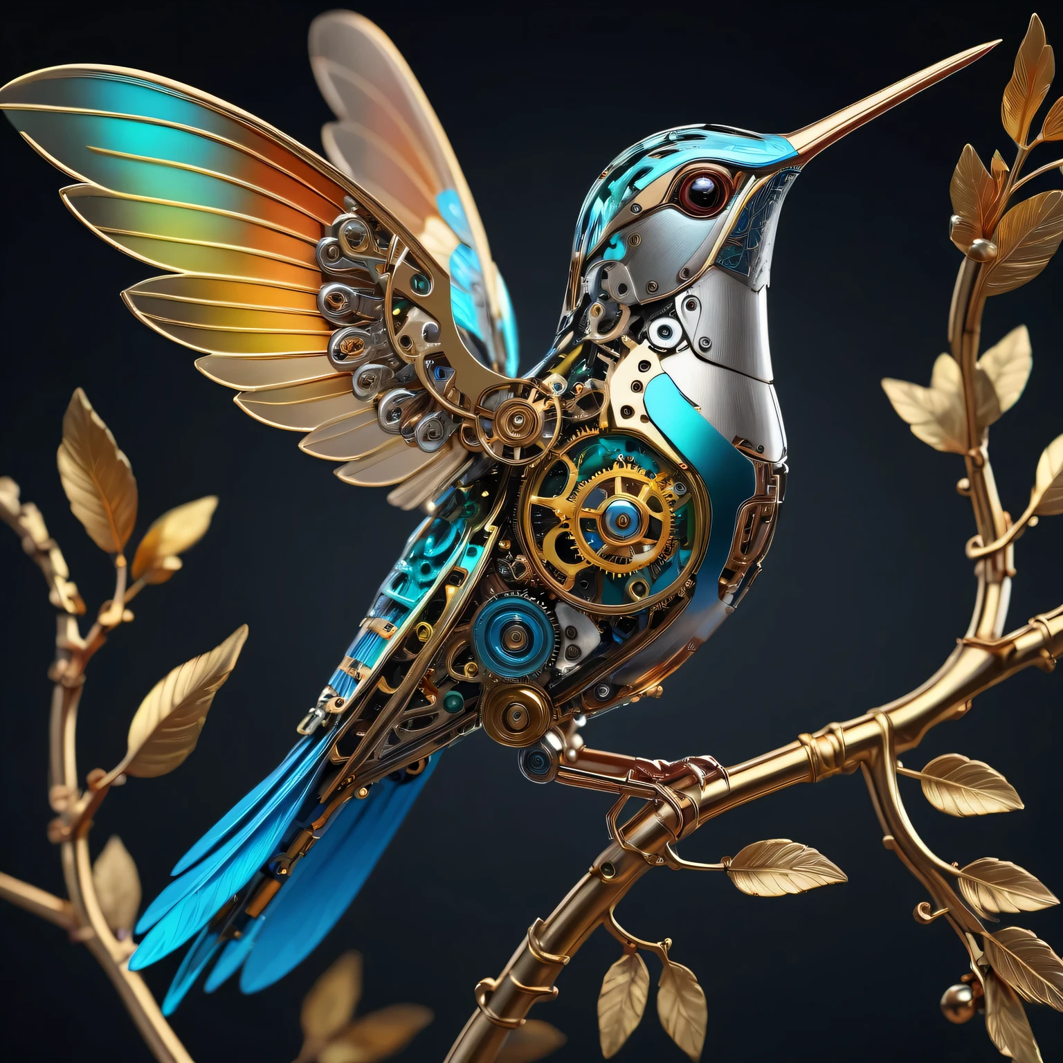 (best quality,4k,high resolution,masterpiece:1.2),(actual:1.37),Super detailed,(Beautifully detailed metal mechanical hummingbird),on the branches,shiny metallic feathers, Complex gears, Exquisite mechanical wings, complex clockwork mechanism, bright colors, actual lighting