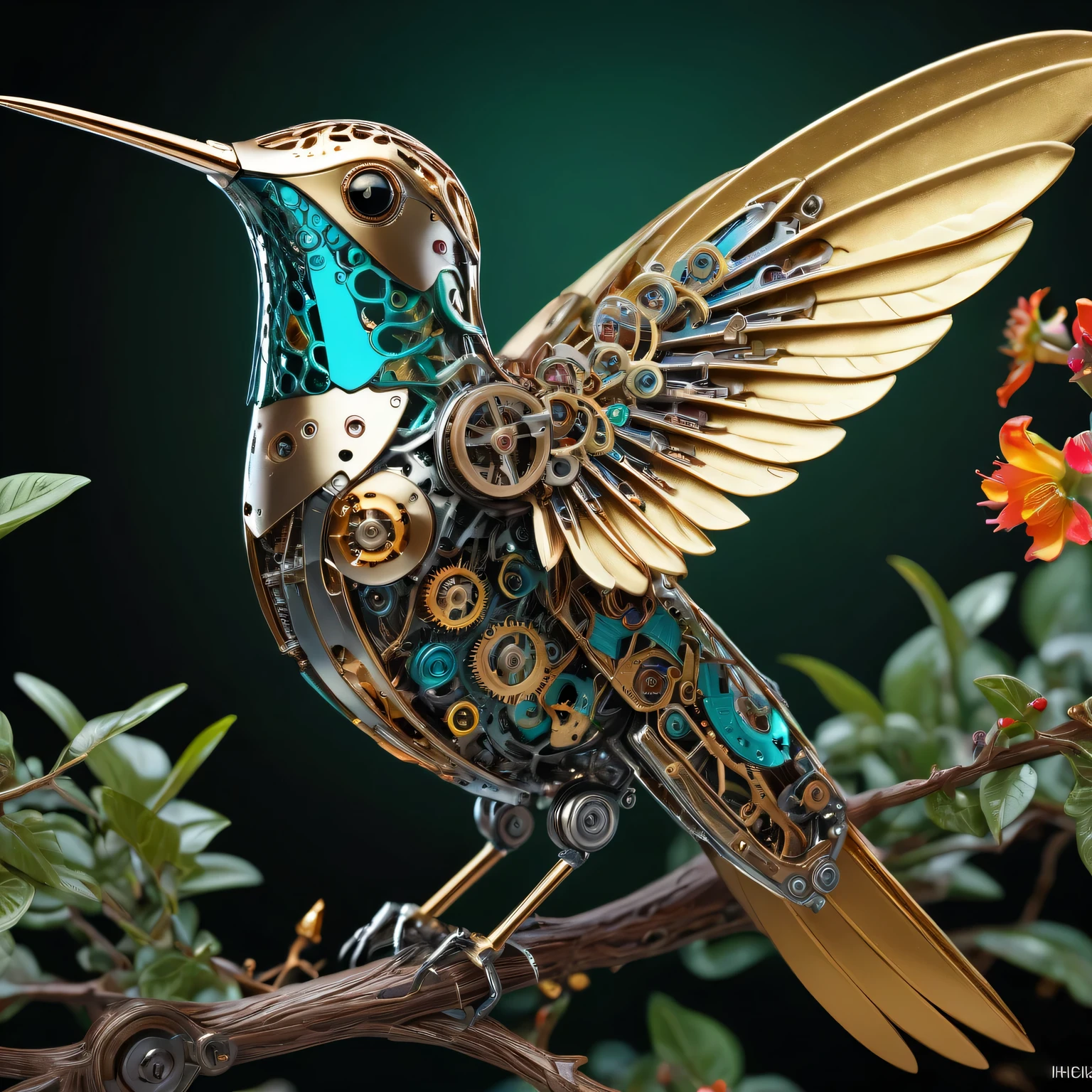 (best quality,4k,high resolution,masterpiece:1.2),(actual:1.37),Super detailed,(Beautifully detailed metal mechanical hummingbird),on the branches,shiny metallic feathers, Complex gears, Exquisite mechanical wings, complex clockwork mechanism, bright colors, actual lighting