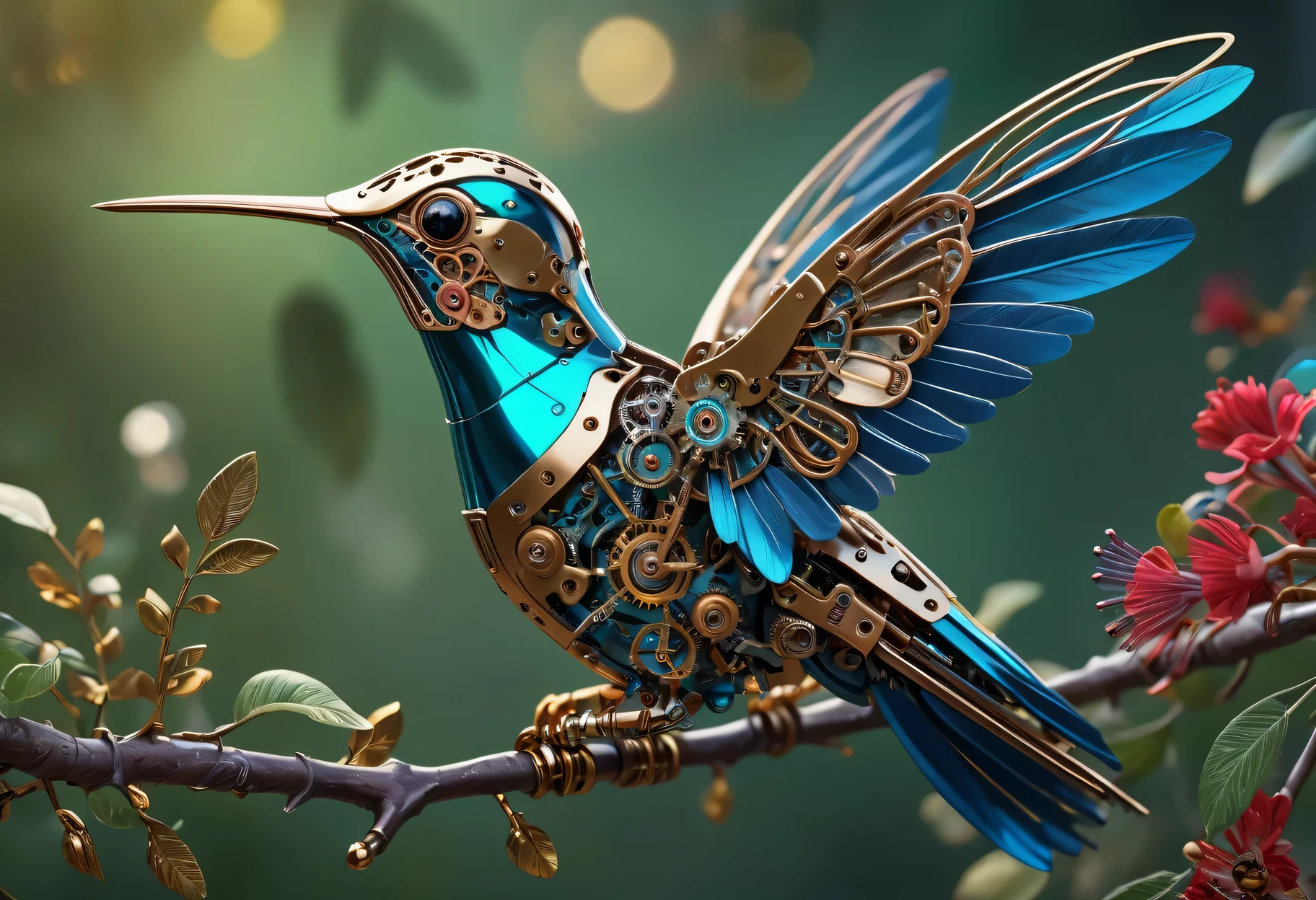 (best quality,4k,high resolution,masterpiece:1.2),(actual:1.37),Super detailed,(Beautifully detailed metal mechanical hummingbird),on the branches,shiny metallic feathers, Complex gears, Exquisite mechanical wings, complex clockwork mechanism, bright colors, actual lighting