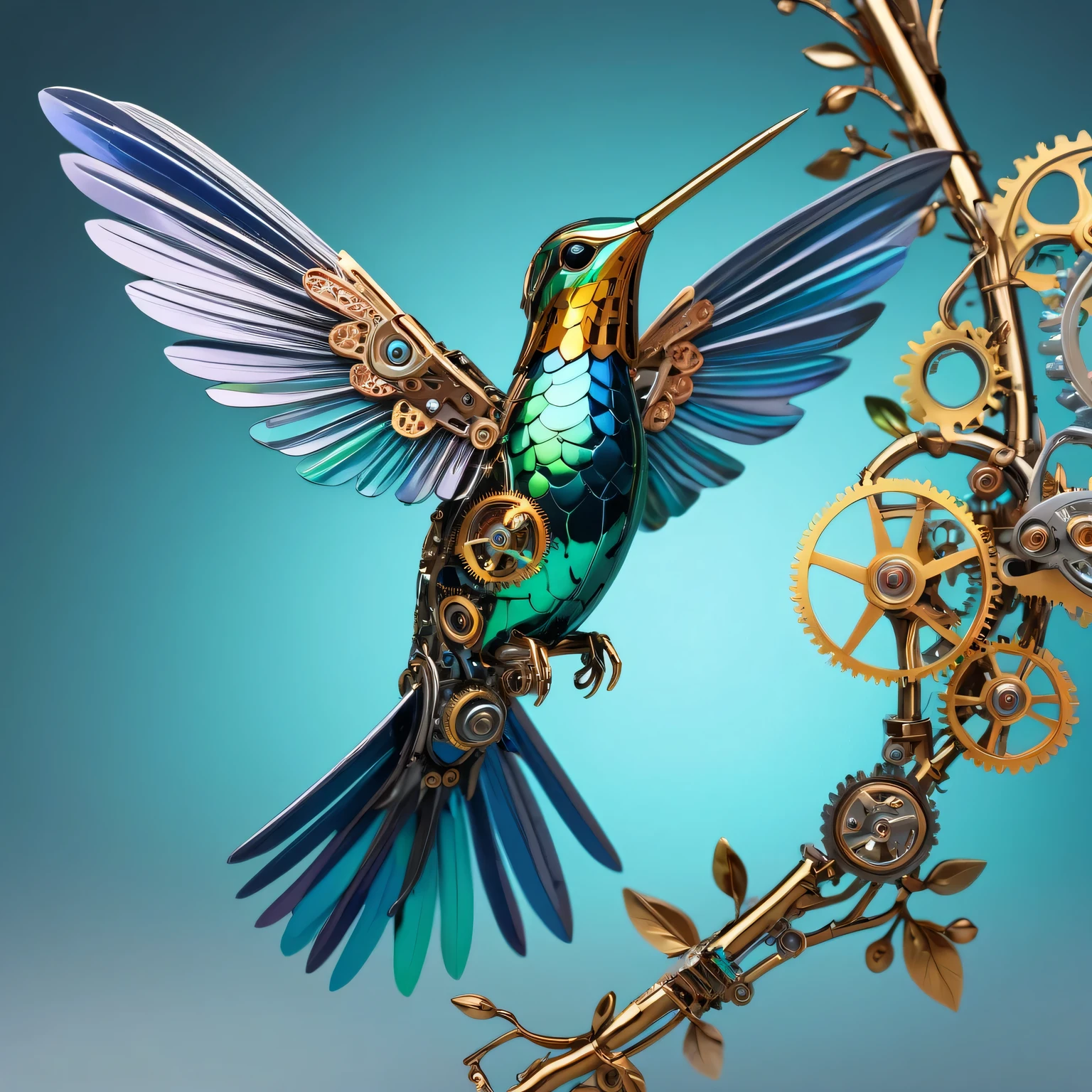 (best quality,4k,high resolution,masterpiece:1.2),(actual:1.37),Super detailed,(Beautifully detailed metal mechanical hummingbird),on the branches,shiny metallic feathers, Complex gears, Exquisite mechanical wings, complex clockwork mechanism, bright colors, actual lighting
