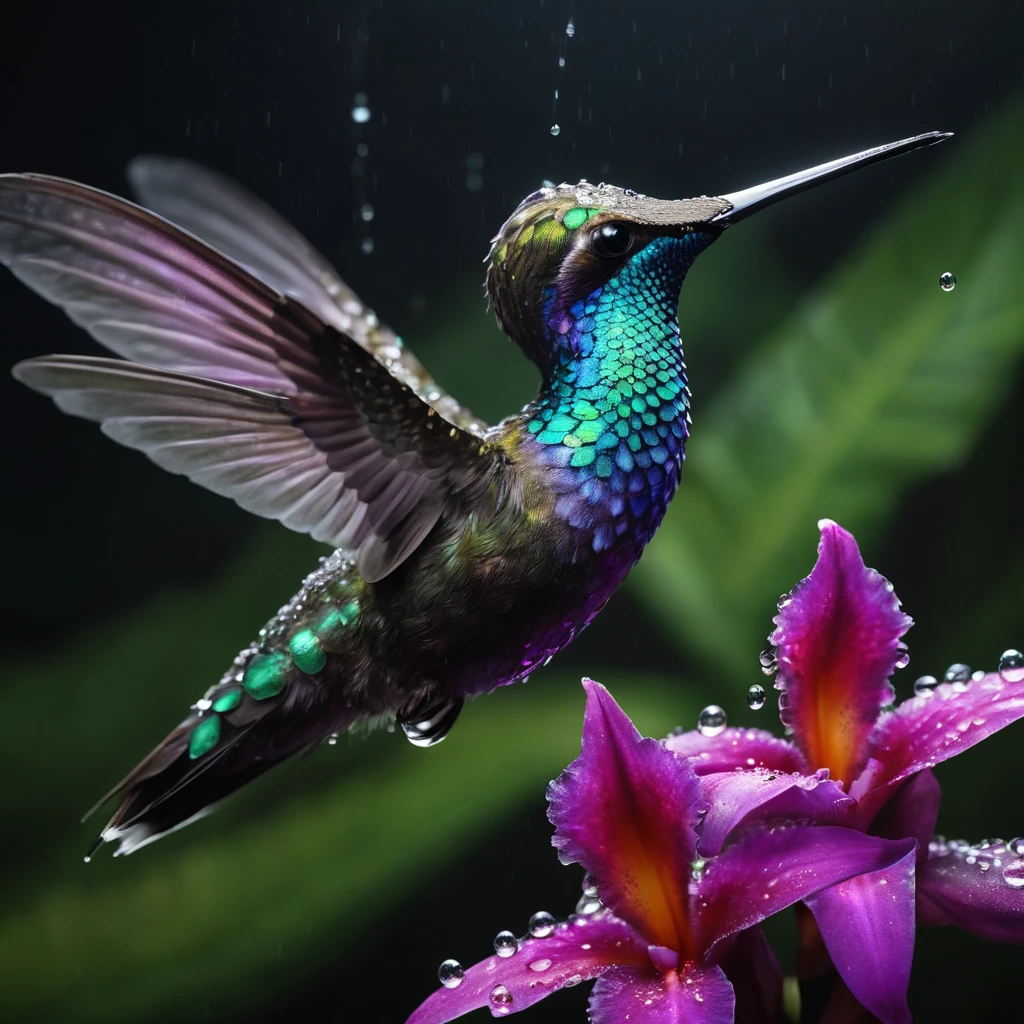High Resolution, High Quality, Masterpiece . Wildlife Photographer of the Year.. Macro photography RAW capture of a sea hummingbird in flight, its plumage radiating bright, unusual colors rivaling the splendor of a vivid orchid, both adorned with reflective dew drops courtesy of a recent rain in a tropical forest backdrop, national geographic worthy, 32K resolution, perfect composition, reflective surfaces capturing soft, natural, volumetric cinematic light, chiaroscuro effect, compared to masterpieces akin to oil paintings by Raphael, Caravaggio, with a digital artistry
