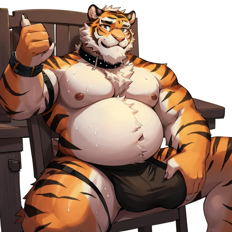 tiger, fat, shirtless, 1 boy, solo, white shirt, upper body, male focus, jock, sleeves rolled up, watch, watch, tiger ears, beard, blush, sweat black and white stripes, collar dog, sweating, happy face, handsome, view looking up from directly below, sit on chair, glasses, white background, hands behind back, fat medium belly
