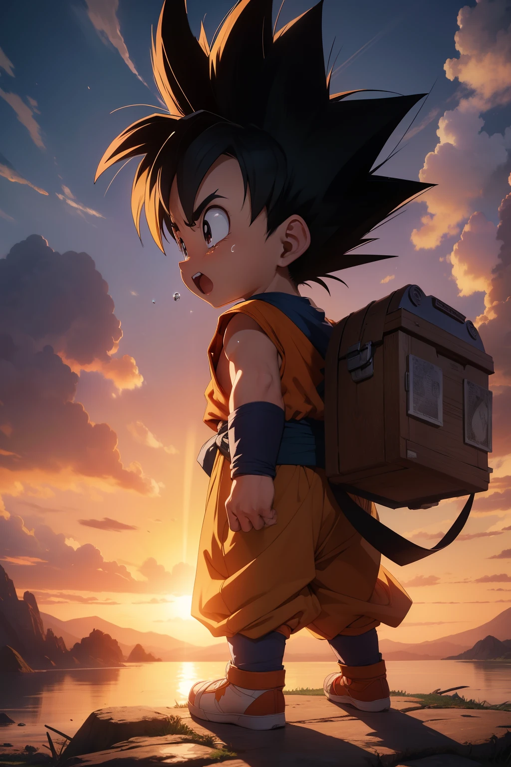 masterpiece, best quality, ultra-HD, photorealistic, cinematic, ultra-detailed, 8k resolution, Son Goku ??? cry sad because akira toriyama died, full body view