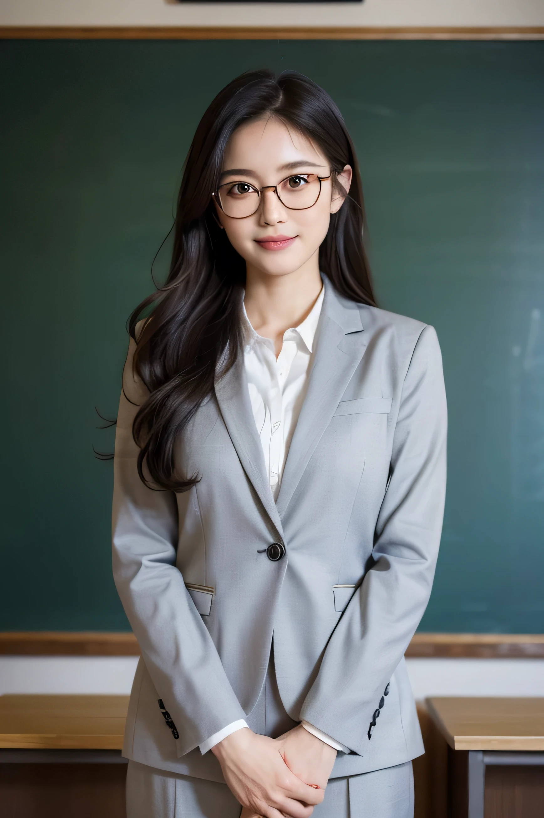 masterpiece, highest quality, {highest quality}, {{masterpiece}}, {High resolution}, adult woman, charm,long hair、beauty of japan、smile、３０Year、teacher、in front of the blackboard、授業をしている女teacher、Serious attire、suit figure、Receiving an explanation on stage、Glasses、body facing left、big breasts、Stand to the left of the podium with your back to it、