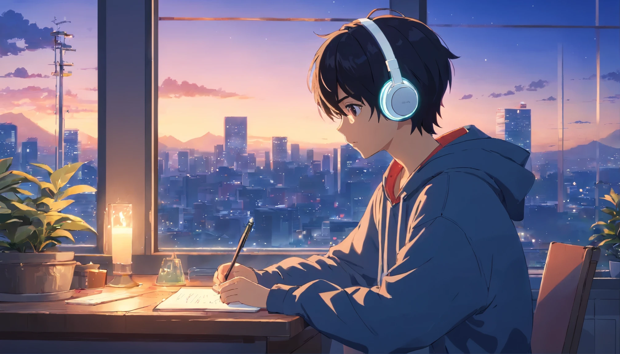 anime boy with white headphones, looking out a window at a city, black hair, lofi boy, anime vibes, lofi artstyle, anime style 4k, anime aesthetic, nightcore, lofi feel, lofi art, anime art wallpaper 4k, anime art wallpaper 4k, anime wallpaper 4k, anime wallpaper 4k, lofi vibes, studying, hoodie, plants in the room, have a pen, writing in a notebook, a mug on the table, a lighted candle on the table, anime style, cinematic lighting, masterpiece, best quality, 4K