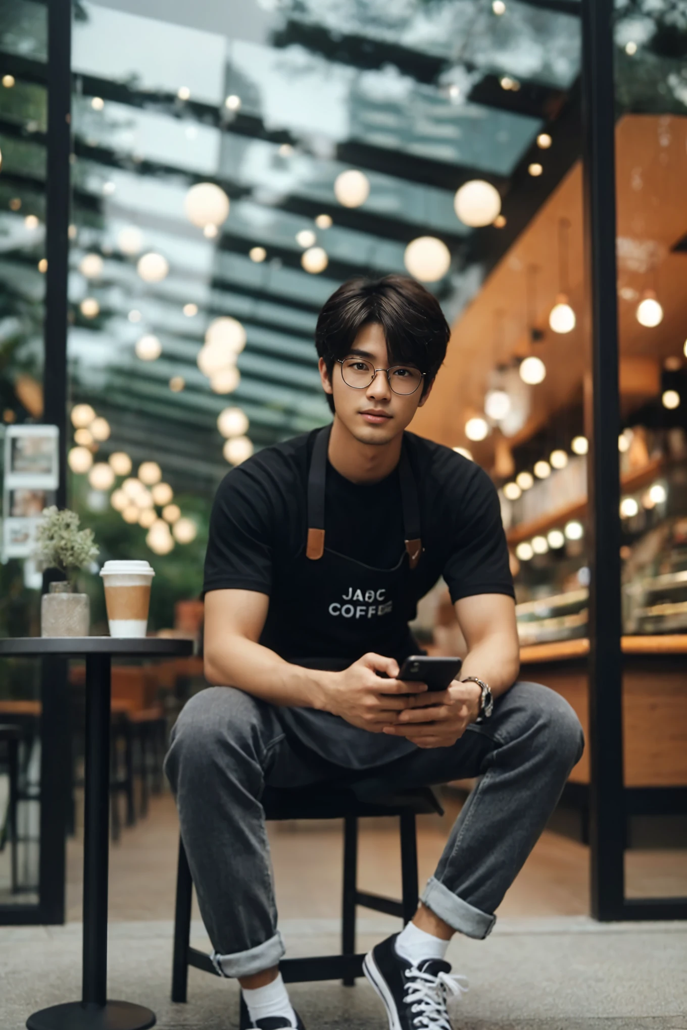 arafed man sitting on a chair in a coffee shop using a cell phone, mid shot portrait, inspired by Adam Dario Keel, jc park, in a coffee shop, sitting in a cafe alone, medium shot portrait, handsome chad chin, jinyoung shin, taejune kim, asian male, high quality portrait, south korean male, male ulzzang, steven jung