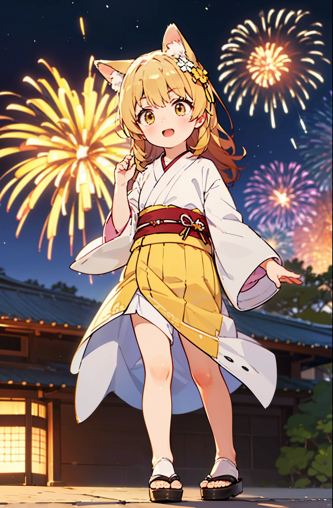 irohaisshiki, Isshiki Iroha, long hair, brown hair, (brown eyes:1.5), smile,animal ears　fox ears,animal caudal fin　fox tail,flower hair ornament,Yukata with yellow floral pattern,long skirt,Zori sandals,firework in the night sky,firework,The place is a firework display,Time is night,sunny day,So that the whole body is included in the illustration,
break outdoors, 神社
break looking at viewer,
break (masterpiece:1.2), highest quality, High resolution, unity 8k wallpaper, (figure:0.8), (beautiful deしっぽed eyes:1.6), extremely deしっぽed face, perfect lighting, extremely deしっぽed CG, (perfect hands, perfect anatomy),