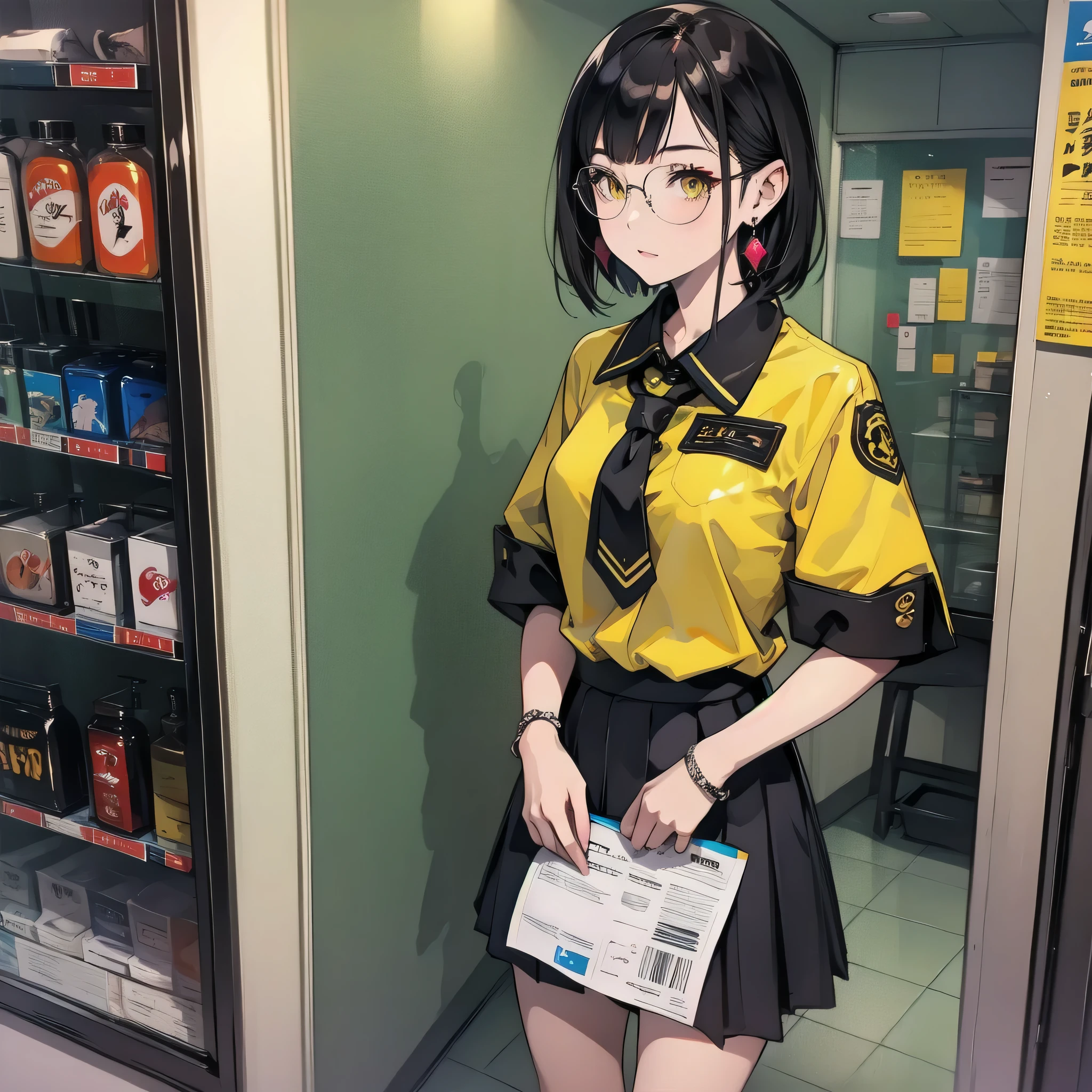 black and yellow hair standing in front of 黄色の背景, 1 girl, alone, short hair, yellow skirt, shirt, black hair, tie, ((white clothes))、((doctor))、doctor style、Glasses、simple background, white shirt, yellow eyes, black tie, jewelry, pleated skirt, From the side, short sleeve, earrings, collared shirt, shirt tucked in,rum \(rumダヨー\),yellow and black theme,counselor、Hair removal salon、beauty salon