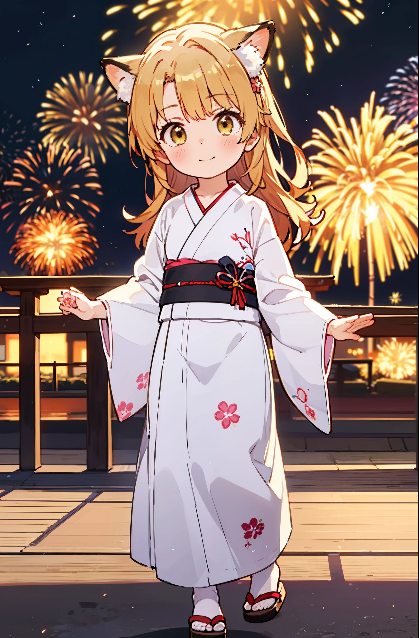 irohaisshiki, Isshiki Iroha, long hair, brown hair, (brown eyes:1.5), smile,animal ears　fox ears,animal caudal fin　fox tail,flower hair ornament,Yukata with yellow floral pattern,long skirt,Zori sandals,firework in the night sky,firework,The place is a firework display,Time is night,sunny day,So that the whole body is included in the illustration,
break outdoors, 神社
break looking at viewer,
break (masterpiece:1.2), highest quality, High resolution, unity 8k wallpaper, (figure:0.8), (beautiful deしっぽed eyes:1.6), extremely deしっぽed face, perfect lighting, extremely deしっぽed CG, (perfect hands, perfect anatomy),