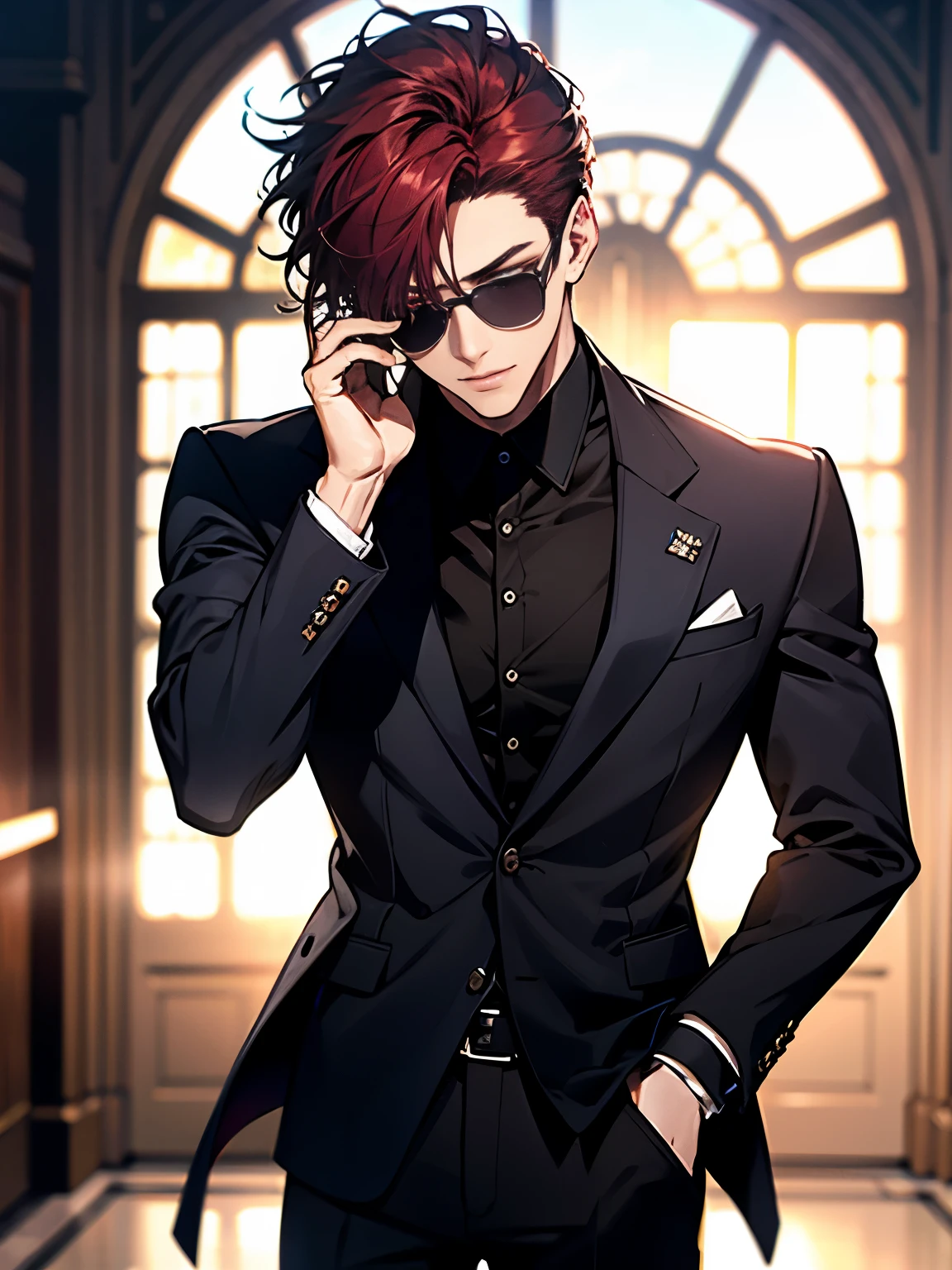 (ultra-detailed, perfect pixel, highres, best quality, beautiful eyes finely detailed), male, Short hair, Part bangs, Maroon hair, ruby eyes, dark blue suit, black hood, sunglass, modern, commander, motion blur, 8k, super detail, accurate, best quality, Ray tracing.