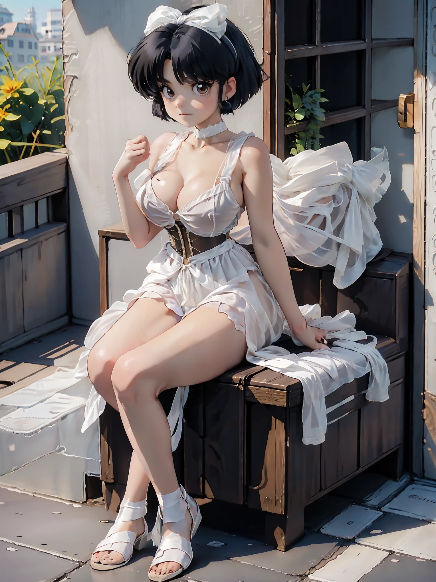 Anime girl with dark bluish hair in denim shorts and a latex corset, , beautiful body, big breasts, with her hands on her waist, hands in her hair, Sexy girl, bluish hair, side strands of hair with a pink bow, strands of hair with a bow on the side of the face, beautiful lighting, soft shadows, brown eyes, beautiful toned legs, short hair, anime style, hand on the waist, hand in the hair, character Akane Tendo, Author Rumiko Takahashi, Based on a work by Rumiko Takahashi, Anime Ranma 1 / 2, sexy cleavage, robust hips, full body, full body, big bust, young girl with nice and beautiful body, sandals on her feet, girl 16 years younim shorts and lstex corset, anime girl, anime style, beautiful feet in sandals, 45° viewing angle, outdoors, big breast, beautiful breasts, black hair, sandals on feet, beautiful legs, sexy, beautiful legs, Sandals, big breasts, full body, full body, feet with sandals, big bust