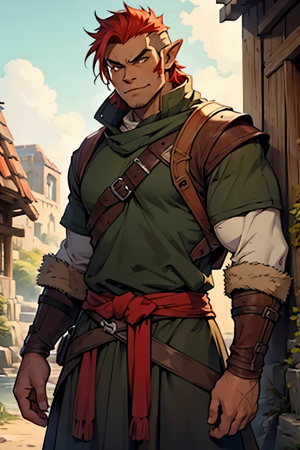 Half-orc,Height 186,Height: big,brown eyes,red hair,Light skin, Traveler's clothing.