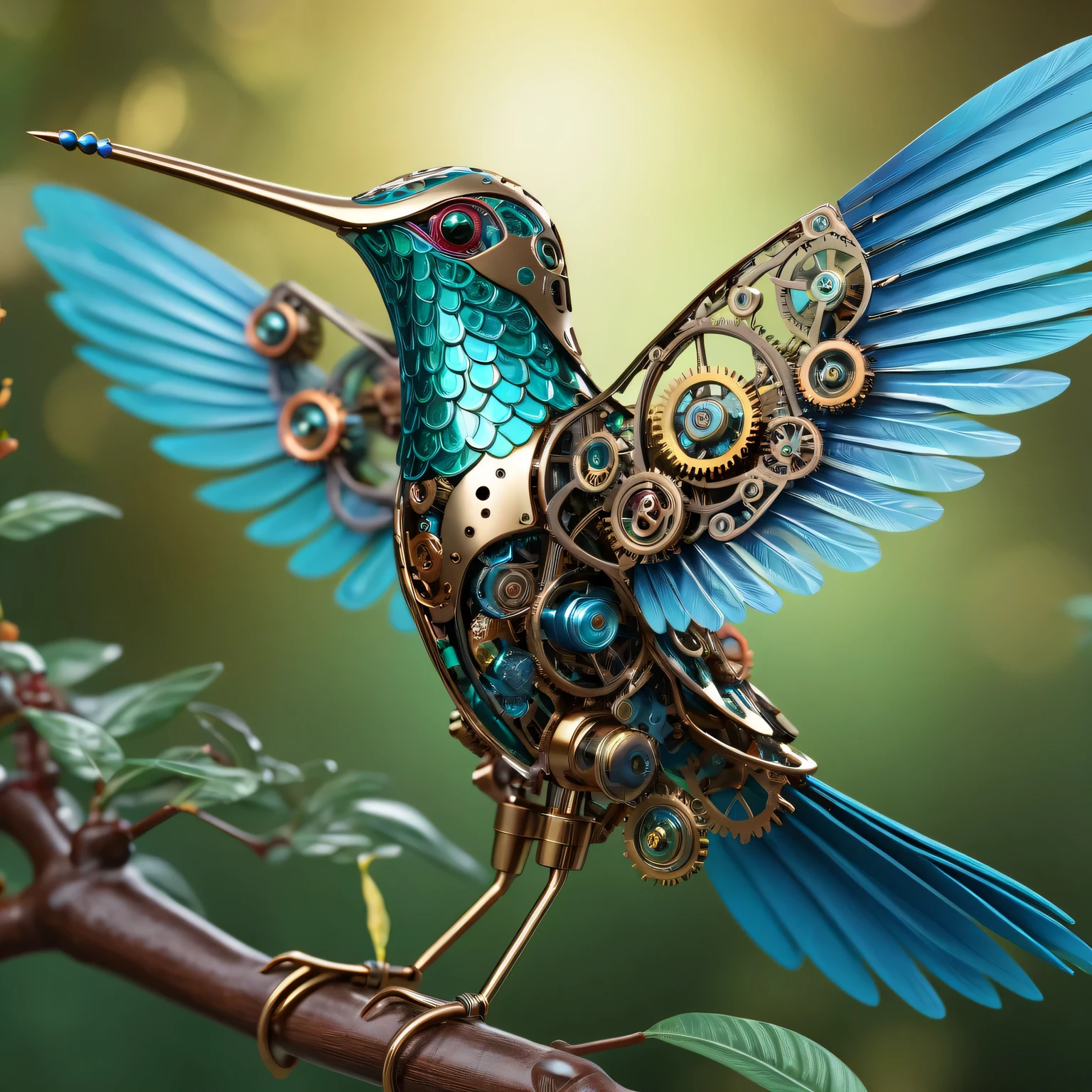 (best quality,4k,high resolution,masterpiece:1.2),(actual:1.37),Super detailed,(Beautifully detailed metal mechanical hummingbird),on the branches,shiny metallic feathers, Complex gears, Exquisite mechanical wings, complex clockwork mechanism, bright colors, actual lighting