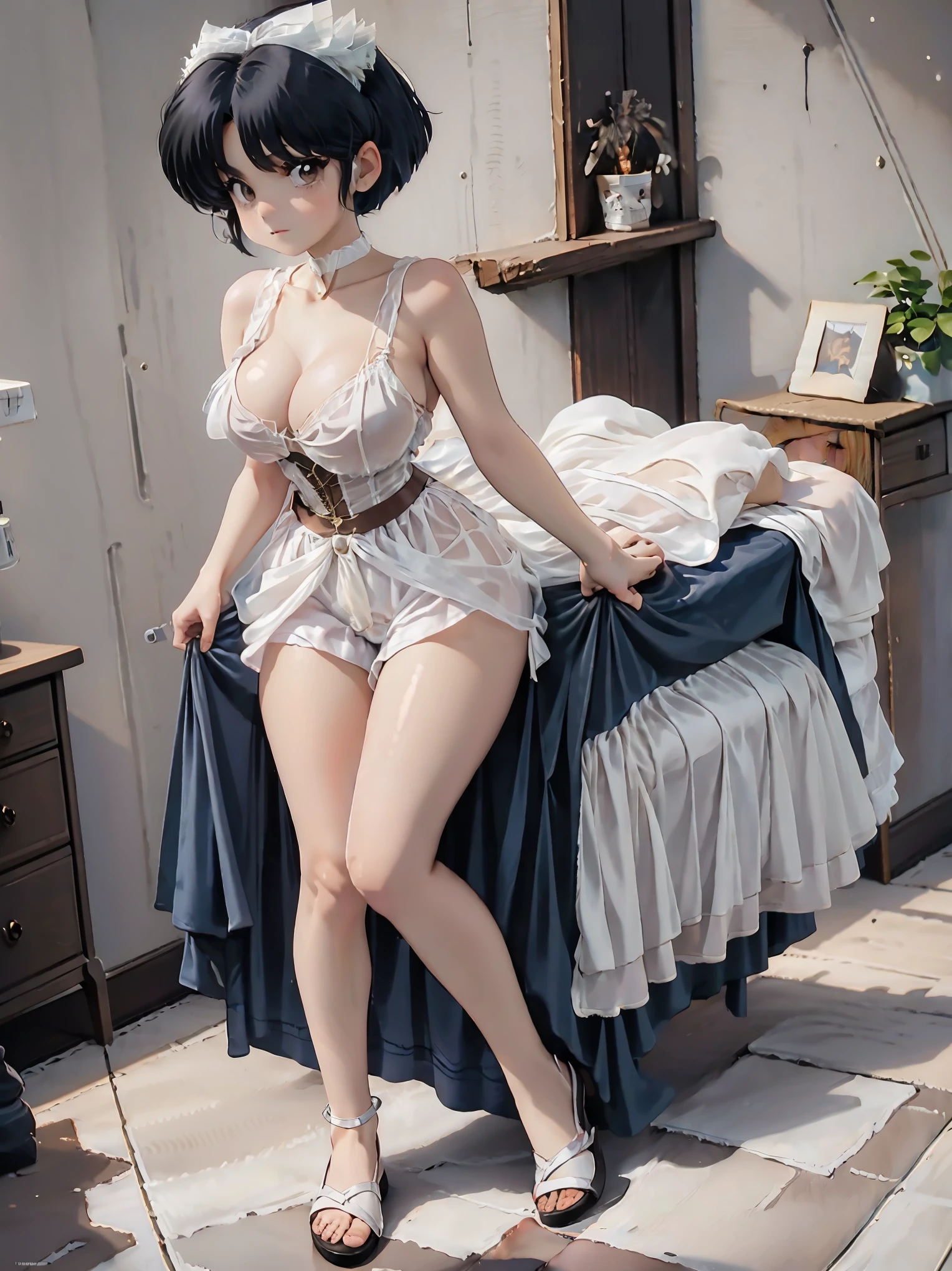 Anime girl with dark bluish hair in denim shorts and a latex corset, 16 years old, beautiful body, big breasts, with her hands on her waist, hands in her hair, Sexy girl, bluish hair, side strands of hair with a pink bow, strands of hair with a bow on the side of the face, beautiful lighting, soft shadows, brown eyes, beautiful toned legs, short hair, anime style, hand on the waist, hand in the hair, character Akane Tendo, Author Rumiko Takahashi, Based on a work by Rumiko Takahashi, Anime Ranma 1 / 2, sexy cleavage, robust hips, full body, full body, big bust, young girl with nice and beautiful body, sandals on her feet, girl 16 years young, wearing denim shorts and lstex corset, anime girl, anime style, beautiful feet in sandals, 45° viewing angle, outdoors, big breast, beautiful breasts, black hair, sandals on feet, beautiful legs, sexy, beautiful legs, Sandals, big breasts, full body, full body, feet with sandals, big bust