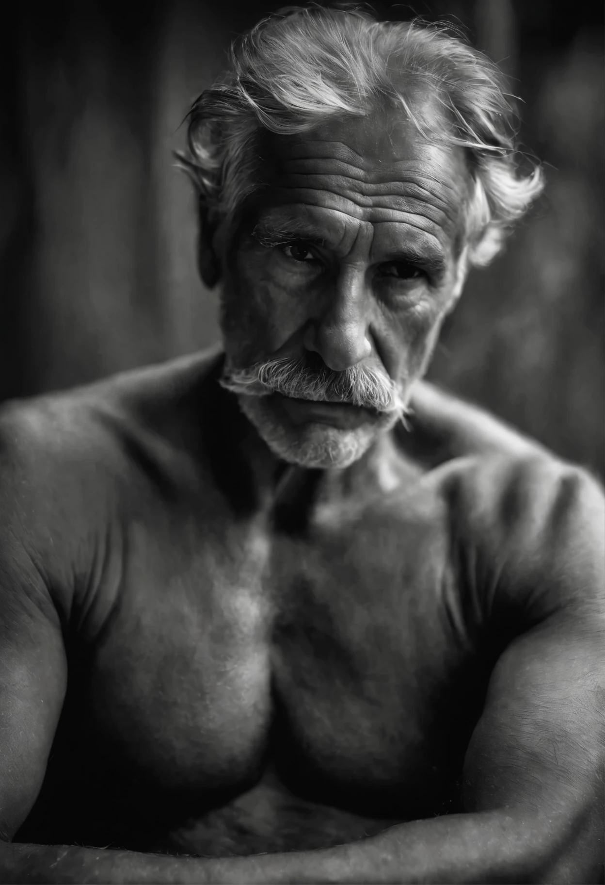 Weathered, a old man, Deep folds, Durable, weather-beaten, Aging appearance, mildly muscular body, Rough jawline, no beard, thick walrus moustache, stubbles, gray hairs, Loneliness was engraved on his face, pensive expression, Strong gaze, A clear sign of a good life, Intricate web of scars and blemishes, Complex mechanical structures peep through damaged skin, Complex artificial nervous system, Intertwined wires and circuits, The eyes are filled with deep wisdom, Wrinkles are deeply etched, He felt visibly tired of facial features, Tears sparkled in his eyes, Surrealist depictions, head to toe view that emphasizes every detail, he is shirtless and wears no pants, he is nude he has a lot of body hair, medium sized penis, mature male, (b&Show on the, Monochromatic, Film photography:1.3), nude photography,  Photorealistic, Hyperrealistic, ultra - detailed, film-noir, analogue style, hip is cocked, demure, Soft lighting, Subsurface scattering, Realistic, heavy shadow, Masterpiece, Best quality, Ultra photo realsisim, 8K, Intricate, High detail, Film photography, Soft focus