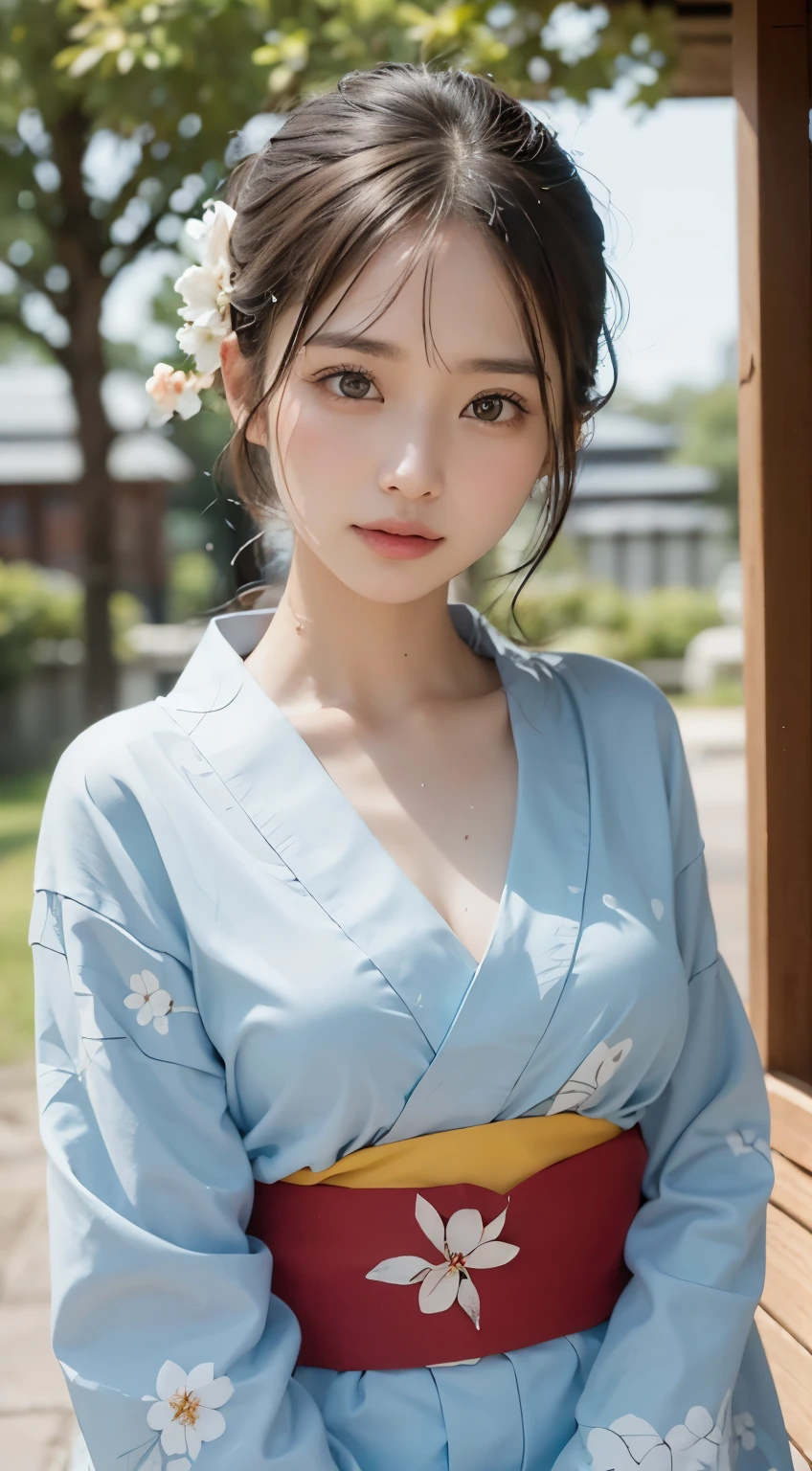 (table top, highest quality:1.4), beautiful face, 8k, 85mm, absurd, (floral pattern yukata:1.4), Upper body, expose one&#39;s chest、 violaces, gardenia, delicate girl, alone, break、contrast、whole body、grin、break、brown hair color long straight hair 、cosmetics 、big breasts,break、see-through white Ｙ-shirt:1.2、 break、Lace-up skirt、break、((drenched, soaking wet, dripping water, Wet all over, Wet 、))、 break、beach、outdoors、 blue sky