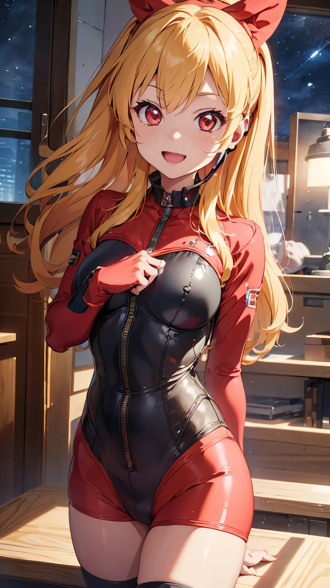 (Overhead view),dynamic angle,ultra-detailed, illustration, close-up, straight on, 1girl, 
 ((souryuu asuka langley, interface headset, red bodysuit:1.4, blonde)),Her eyes shone like dreamy stars,(glowing eyes:1.233),(beautiful and detailed eyes:1.1),(expressionless),(standing), Spell of the Last（prompt）
(masterpiece, best quality, ultra high res, perfect anatomy, extremely detailed),
BREAK,
1girl,
************,
red eyes,
twintails,
Blonde hair,
very large ribbon in hair,
idol costume,
BREAK,
(finger pointing),
(full face),
one eye closed,
(open mouth),
glow eyes,
smile,
stage light,
(mechanic room with toolsand spaceship windowin a white SPACESHIP),wariza,
(night:1.2),dreamy, [[delicate fingers and hands:0.55]::0.85],(detail fingers),